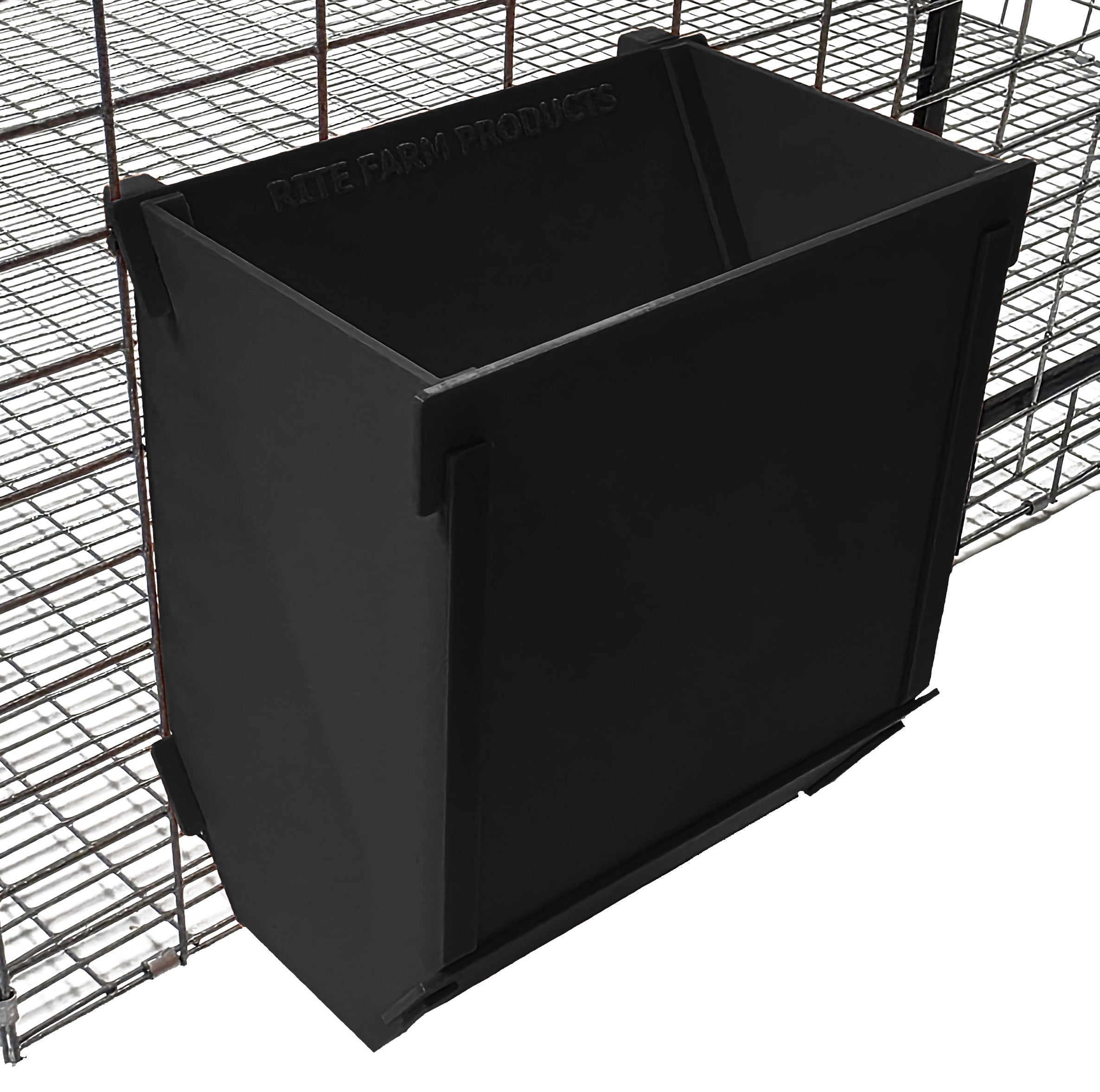 Black Texas USA Made 6-Inch Cage Hanging Rabbit Feeder with ID Tag for Rabbit Pellet Feed with a Sifter Base