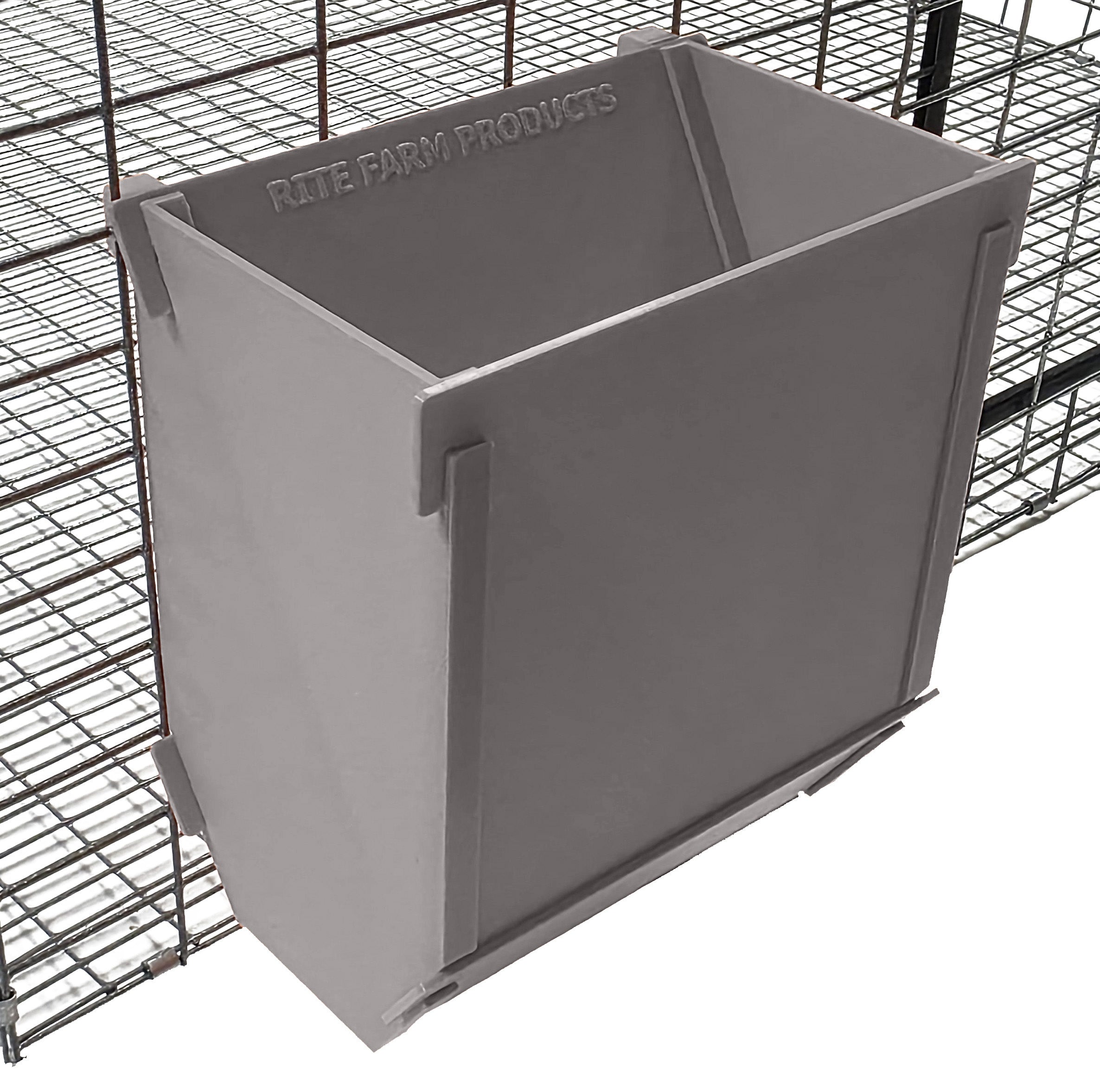 Gray Texas USA Made 6-Inch Cage Hanging Rabbit Feeder with ID Tag for Rabbit Pellet Feed with a Sifter Base