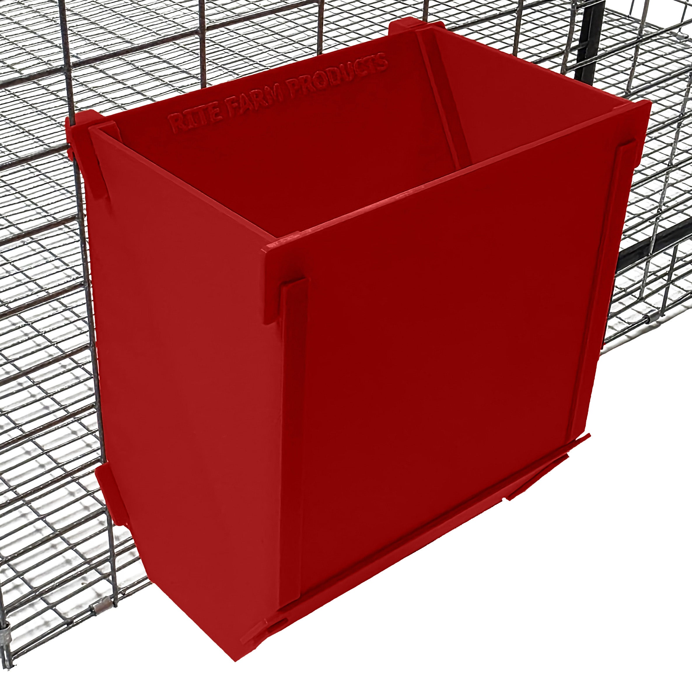 Red Texas USA Made 6-Inch Cage Hanging Rabbit Feeder with ID Tag for Rabbit Pellet Feed with a Sifter Base