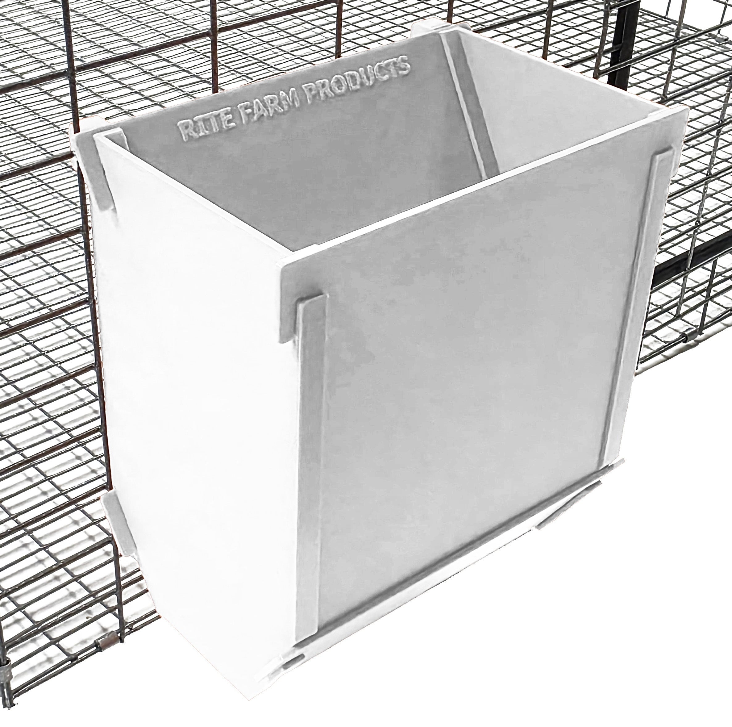 White Texas USA Made 6-Inch Cage Hanging Rabbit Feeder with ID Tag for Rabbit Pellet Feed with a Sifter Base