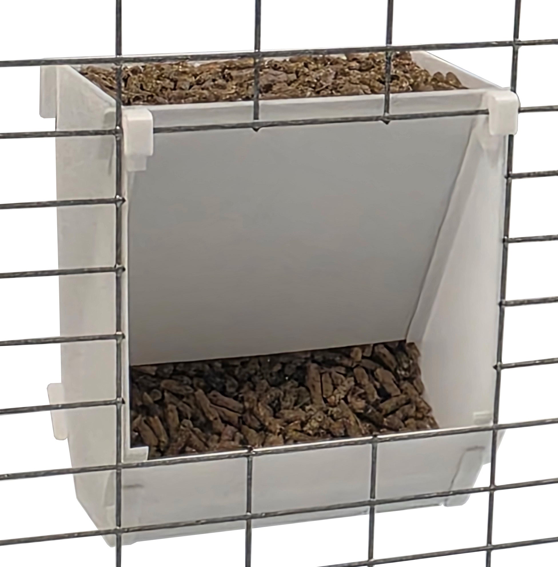 White Texas USA Made 6-Inch Cage Hanging Rabbit Feeder with ID Tag for Rabbit Pellet Feed with a Sifter Base