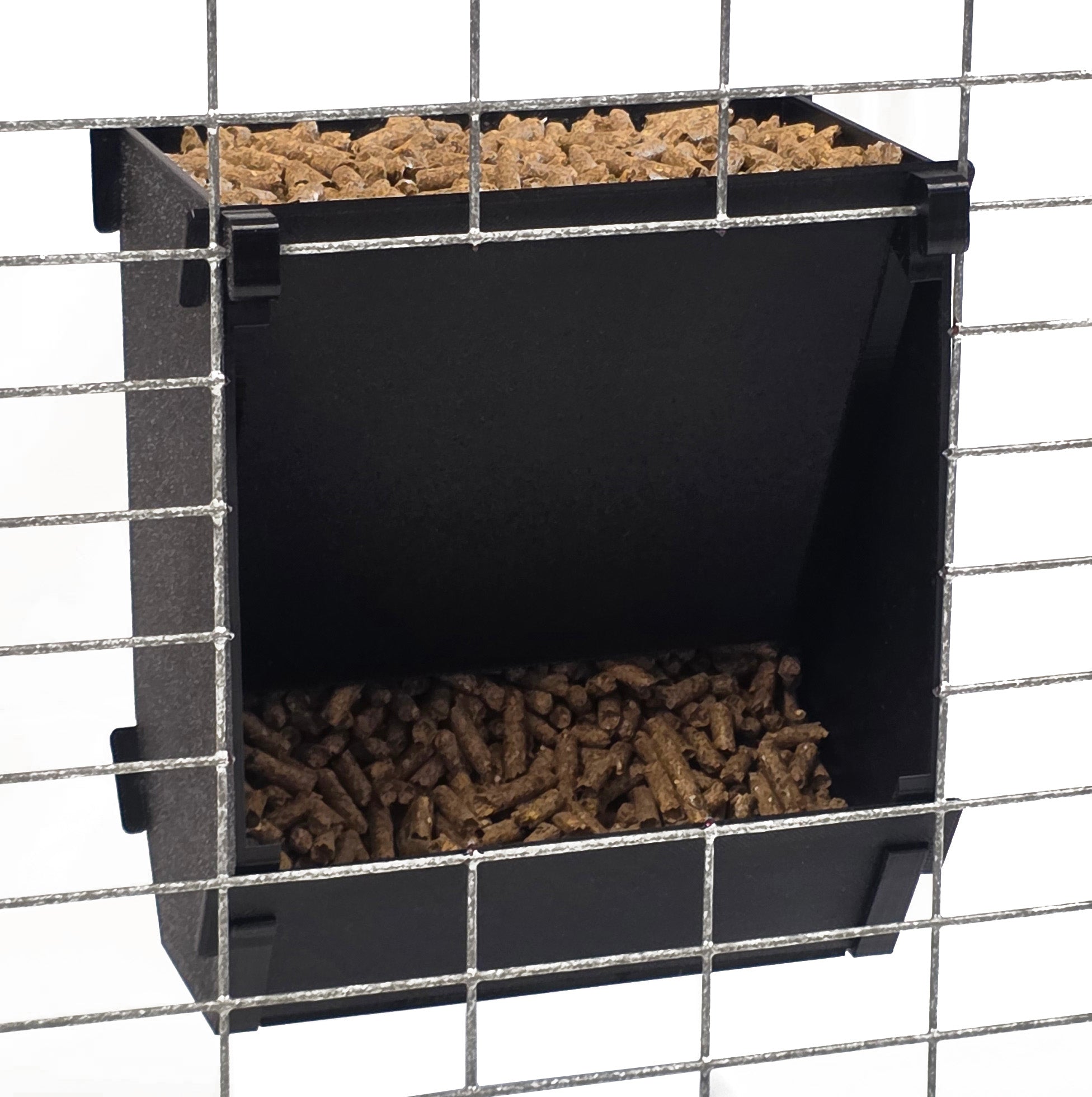 Black Texas USA Made 6-Inch Cage Hanging Rabbit Feeder with ID Tag for Rabbit Pellet Feed with a Sifter Base
