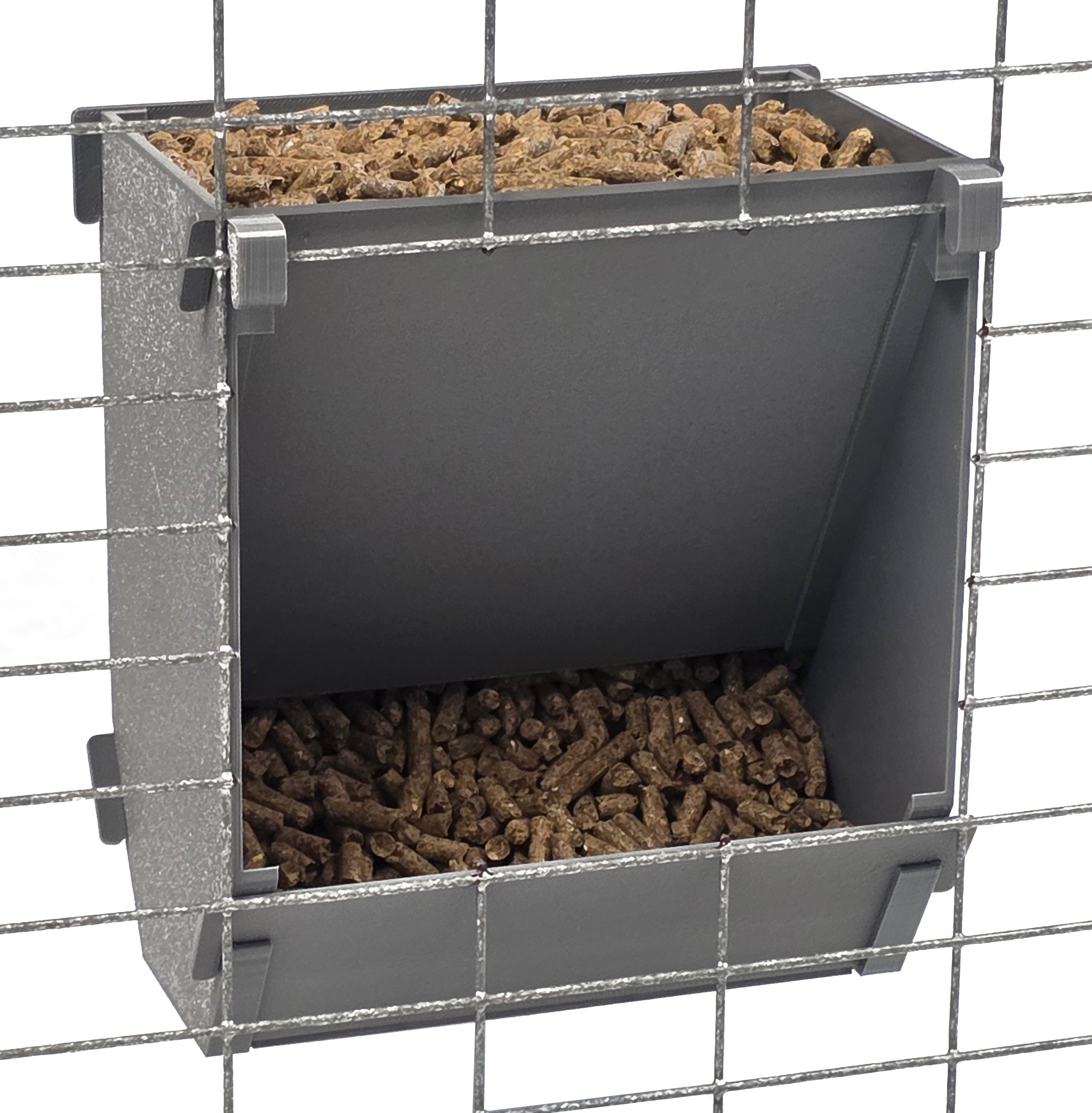 Gray Texas USA Made 6-Inch Cage Hanging Rabbit Feeder with ID Tag for Rabbit Pellet Feed with a Sifter Base