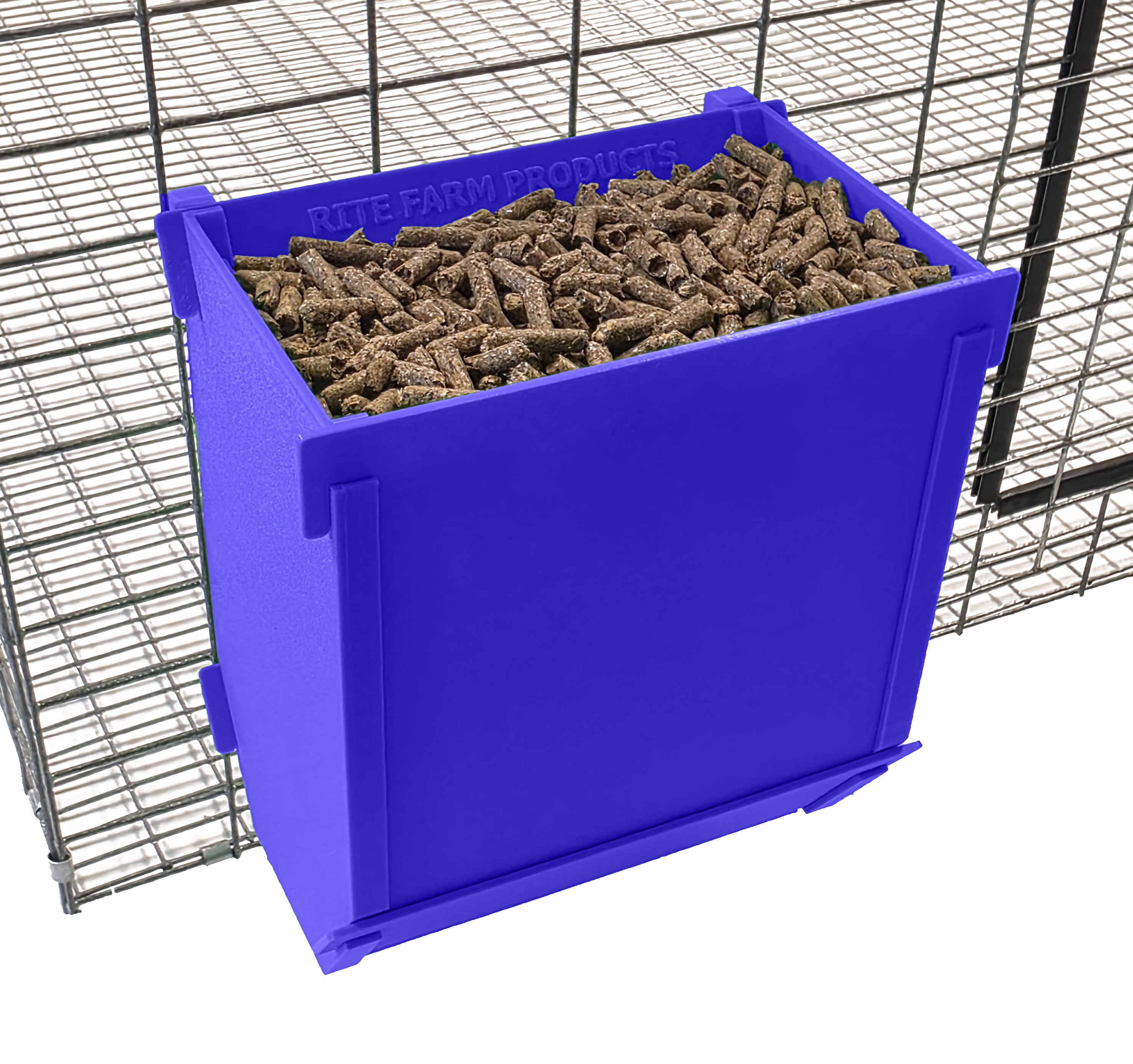 Blue Texas USA Made 6-Inch Cage Hanging Rabbit Feeder with ID Tag for Rabbit Pellet Feed with a Sifter Base