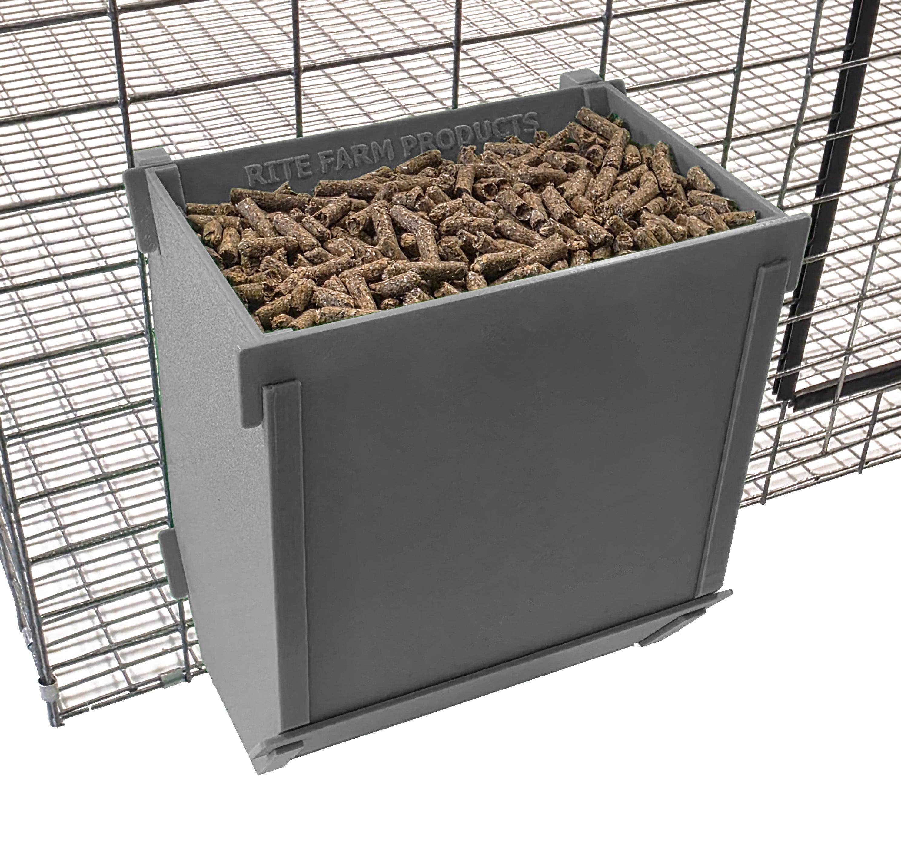 Gray Texas USA Made 6-Inch Cage Hanging Rabbit Feeder with ID Tag for Rabbit Pellet Feed with a Sifter Base