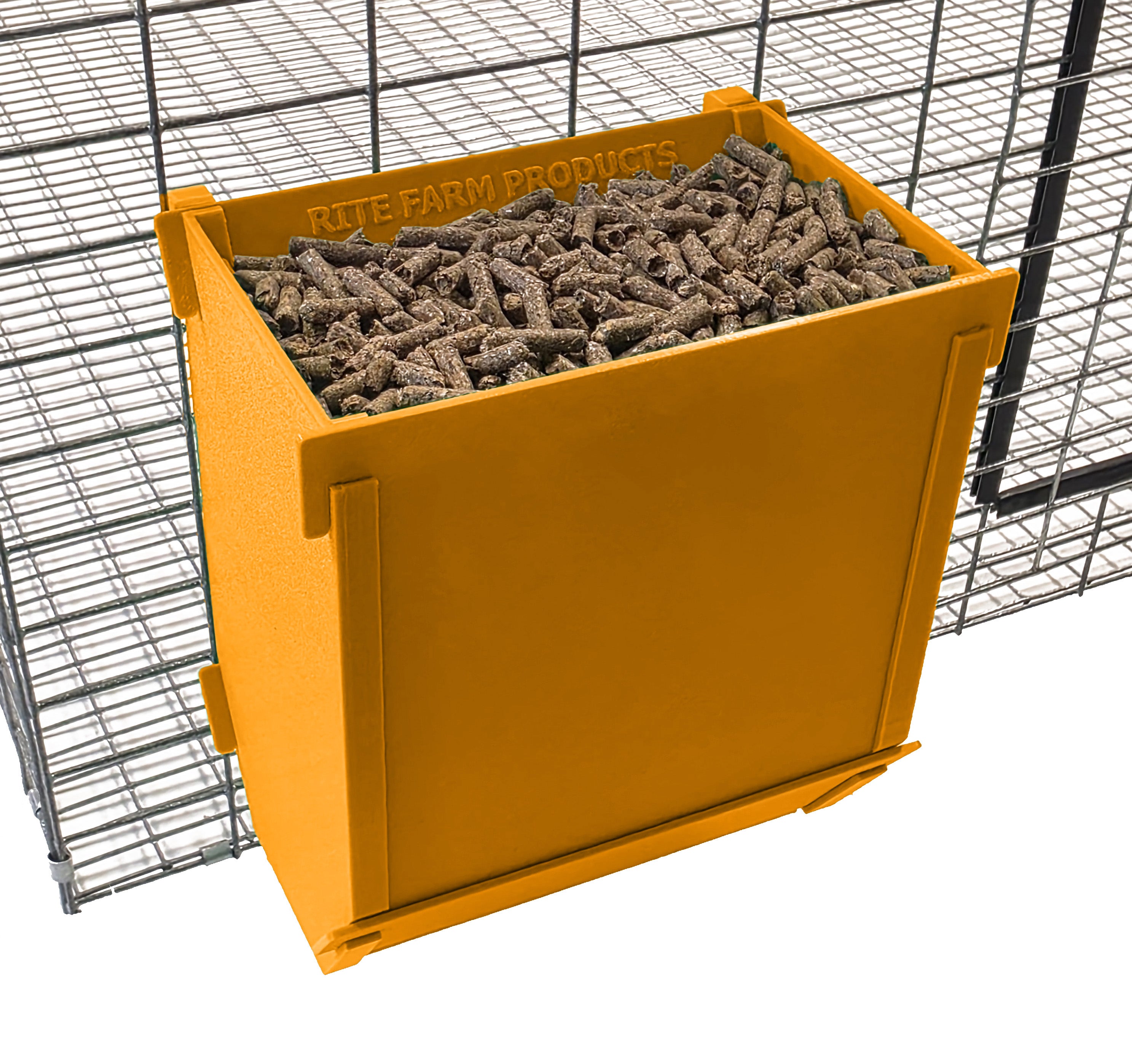Orange Texas USA Made 6-Inch Cage Hanging Rabbit Feeder with ID Tag for Rabbit Pellet Feed with a Sifter Base