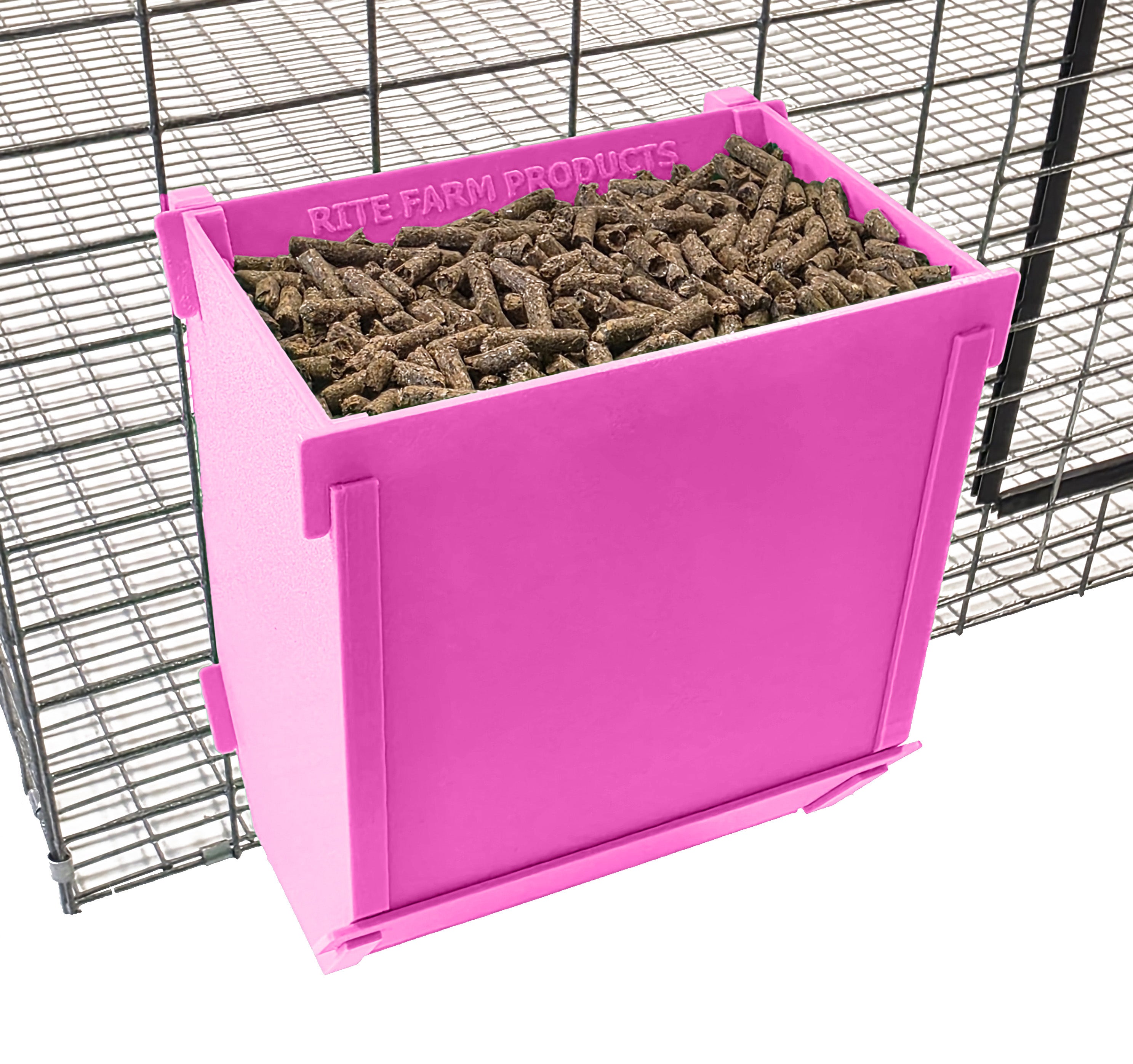 Pink Texas USA Made 6-Inch Cage Hanging Rabbit Feeder with ID Tag for Rabbit Pellet Feed with a Sifter Base