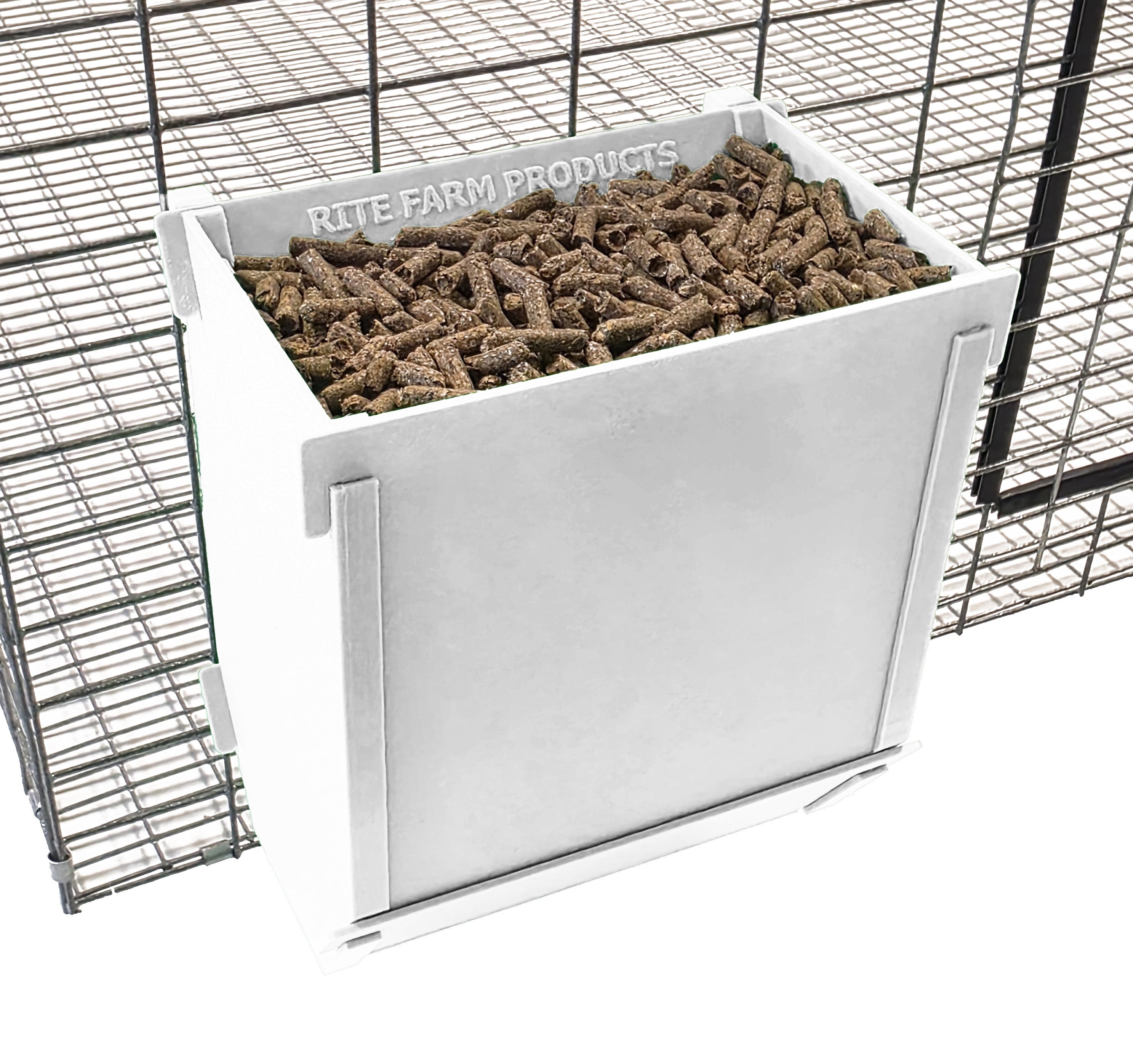 White Texas USA Made 6-Inch Cage Hanging Rabbit Feeder with ID Tag for Rabbit Pellet Feed with a Sifter Base
