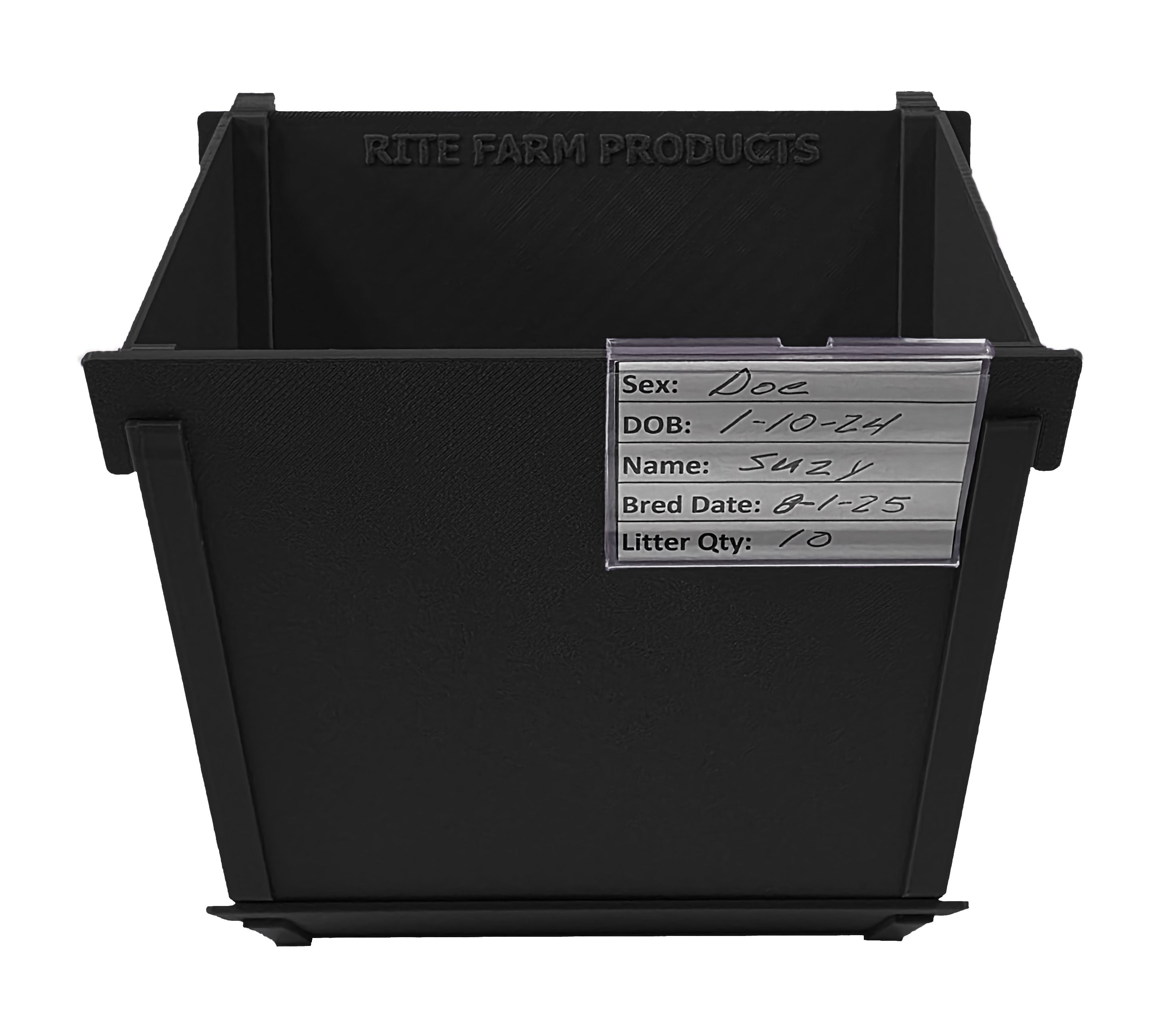 Black Texas USA Made 6-Inch Cage Hanging Rabbit Feeder with ID Tag for Rabbit Pellet Feed with a Sifter Base