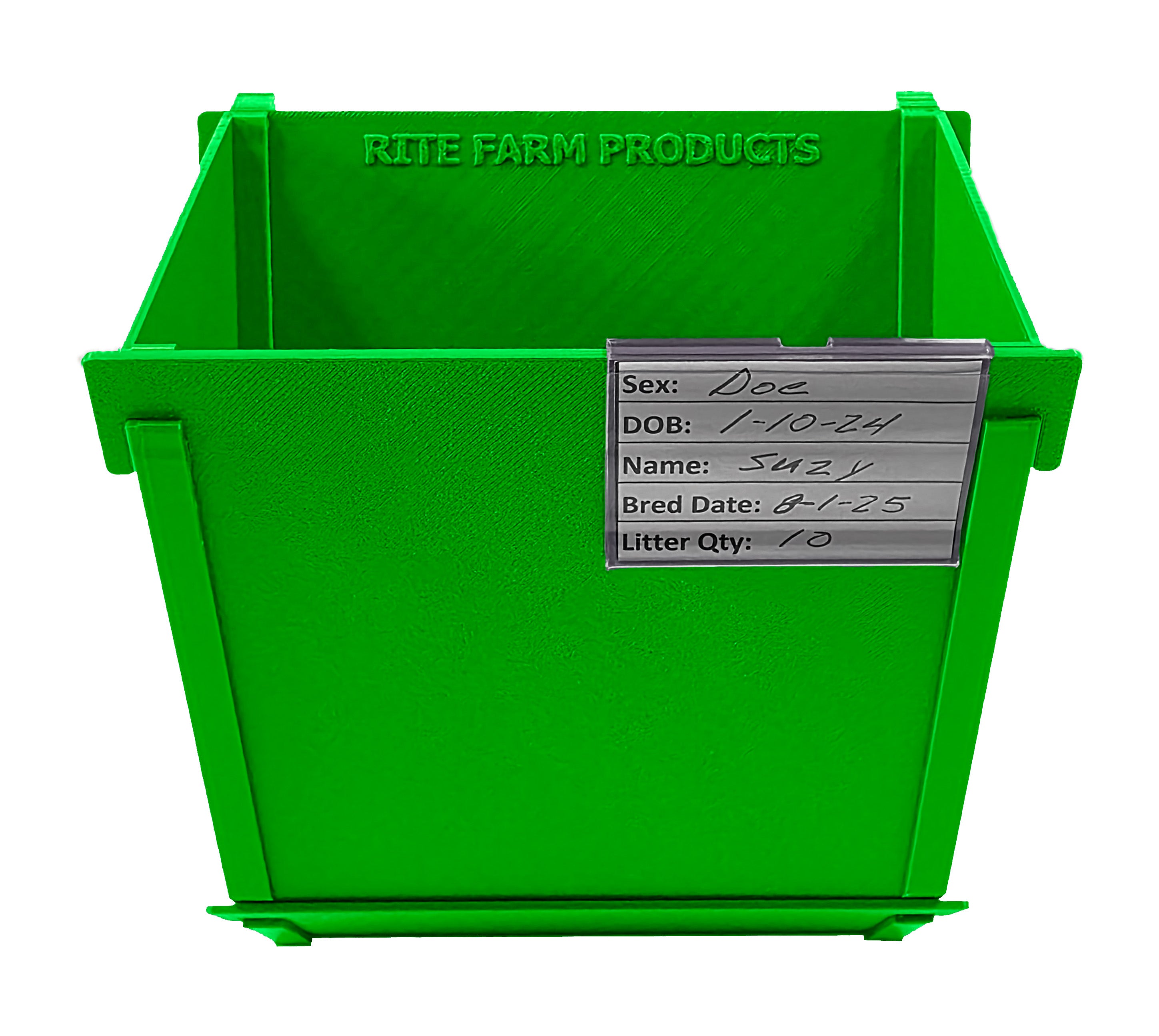 Green Texas USA Made 6-Inch Cage Hanging Rabbit Feeder with ID Tag for Rabbit Pellet Feed with a Sifter Base