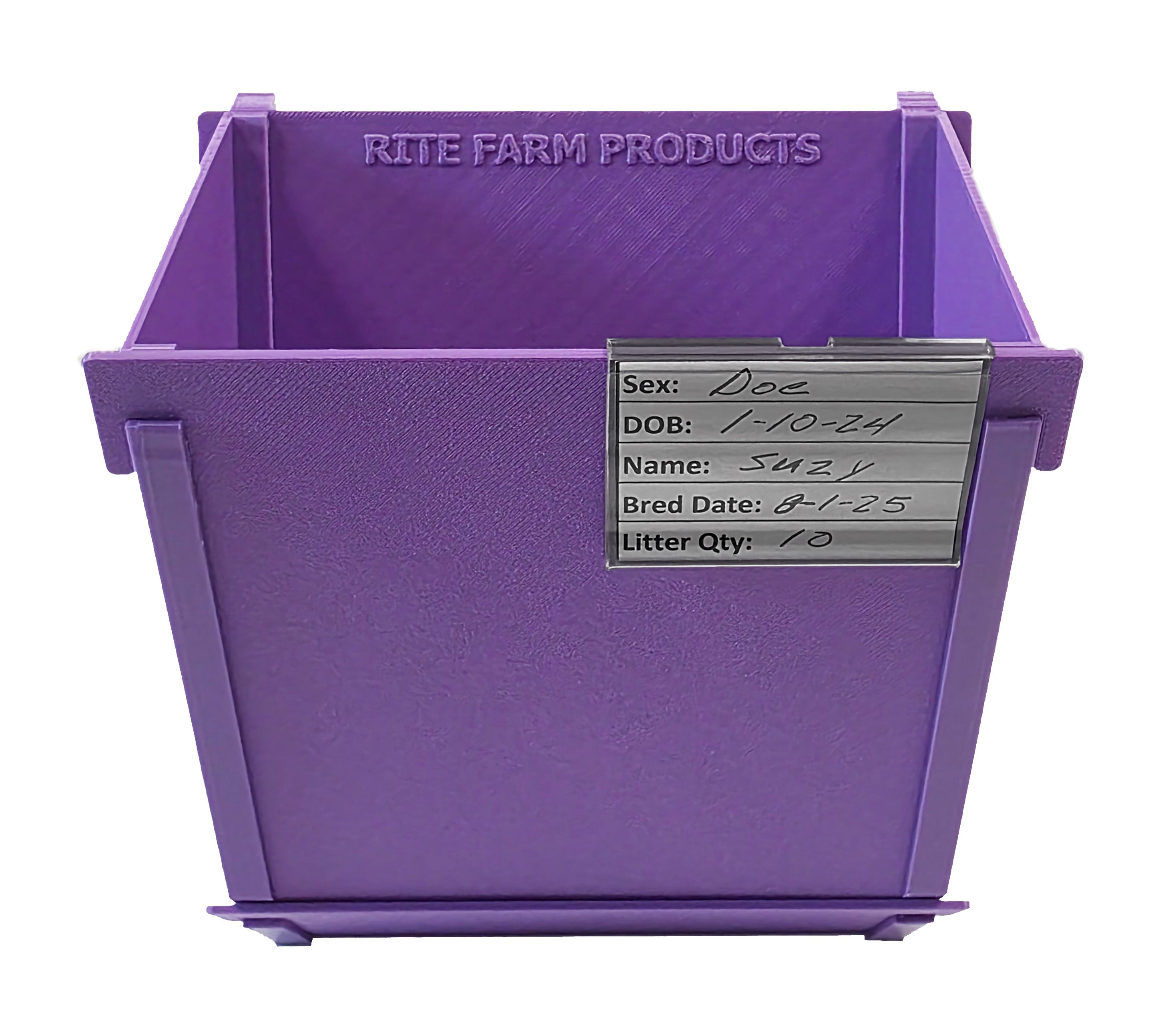 Purple Texas USA Made 6-Inch Cage Hanging Rabbit Feeder with ID Tag for Rabbit Pellet Feed with a Sifter Base