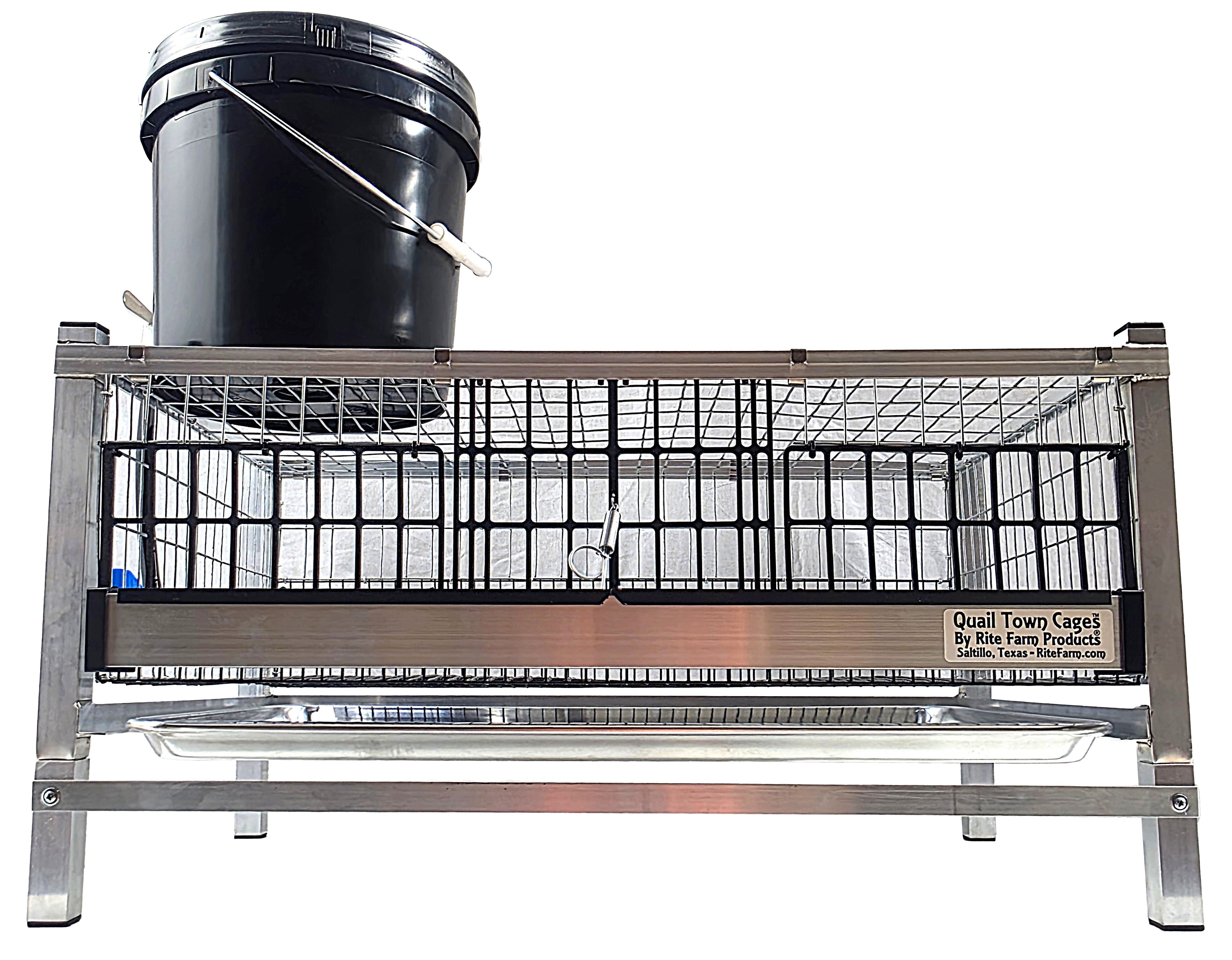 Modular quail grow-out cage with wire frame and black base bucket