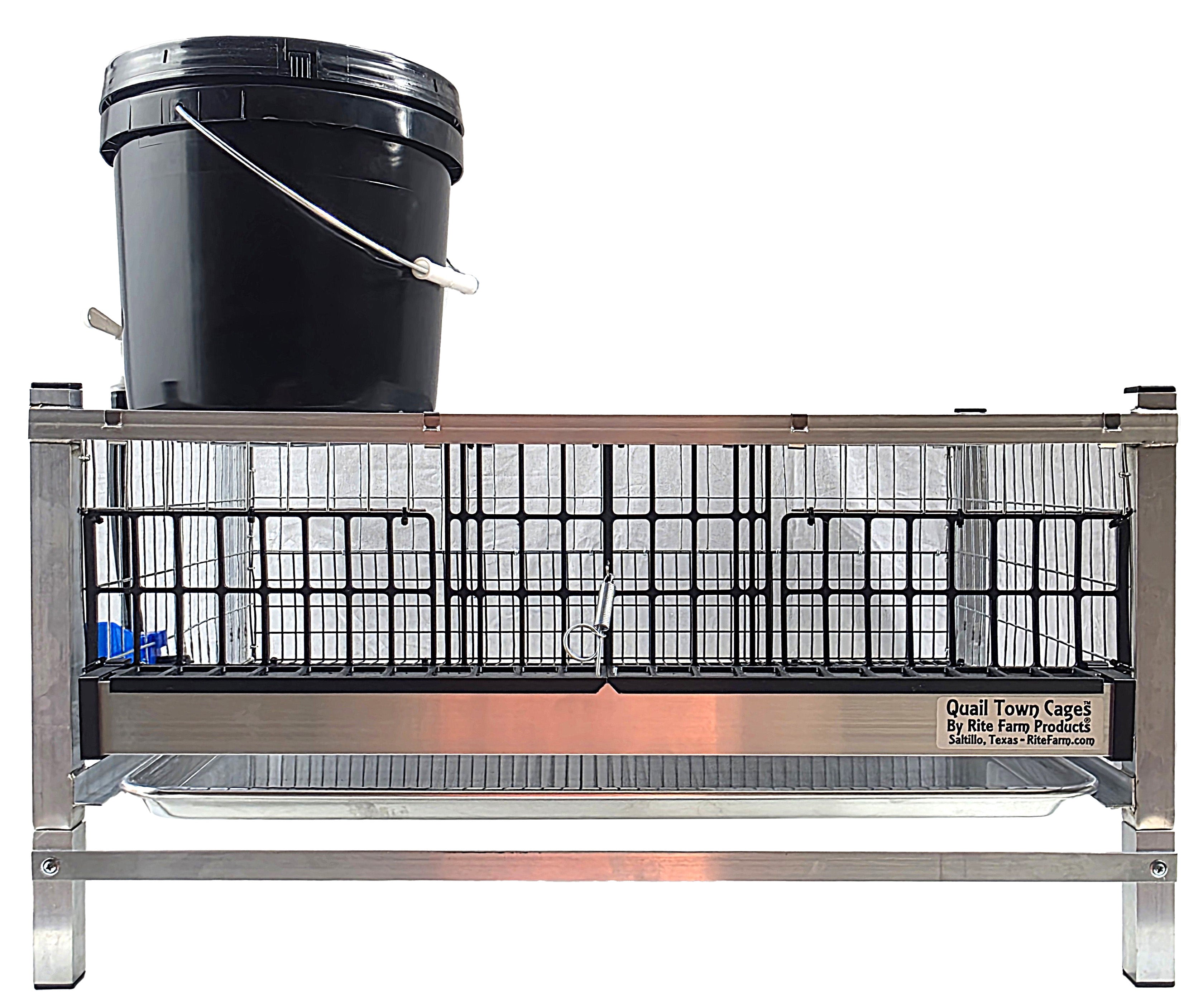 Front view of modular quail grow-out cage with wire panels and black bucket