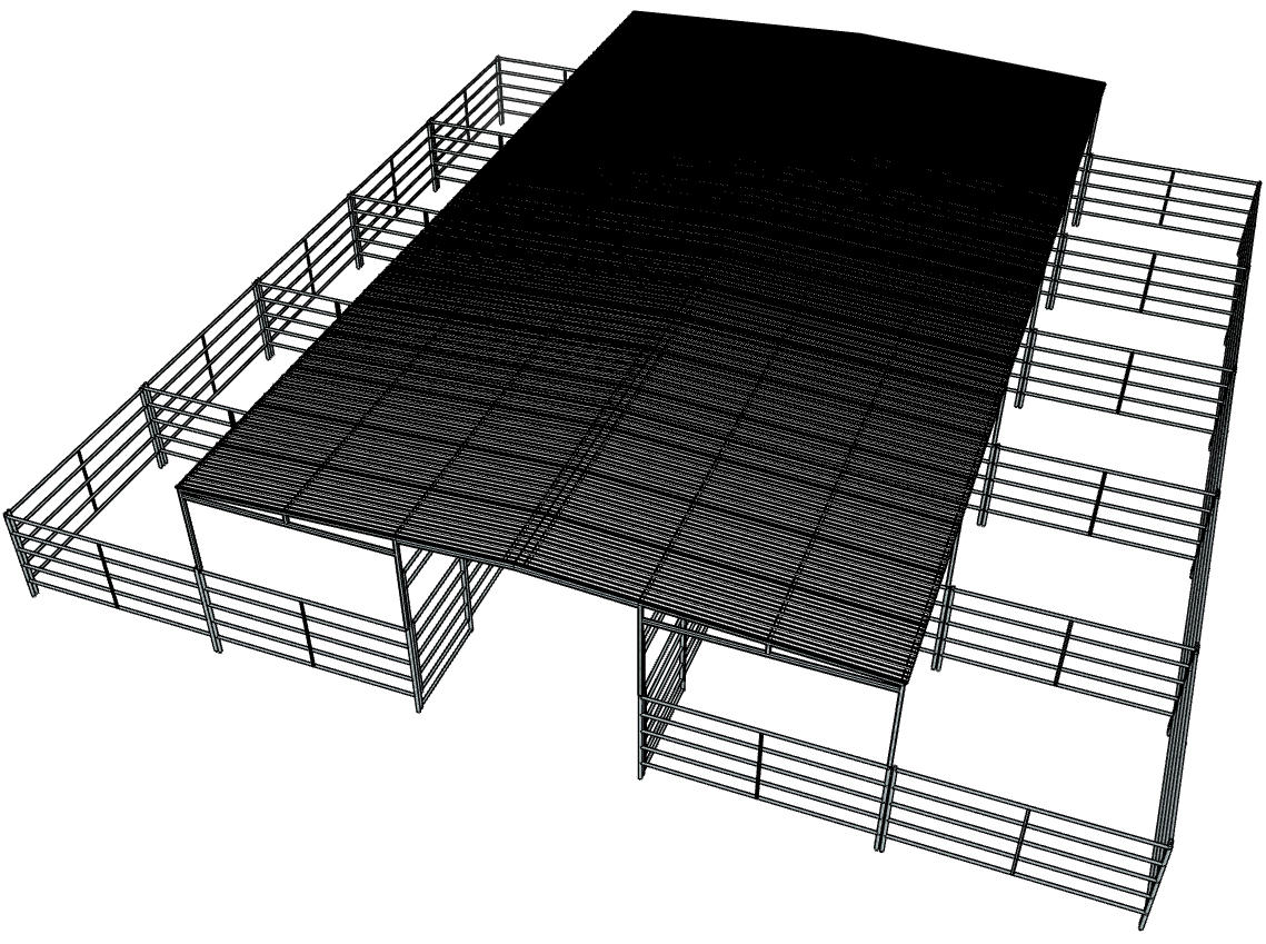 50 Ft X 50 Ft 5-Rail 10 Stall Barn Kit with 30 Ft by 50 Ft Gable Roof