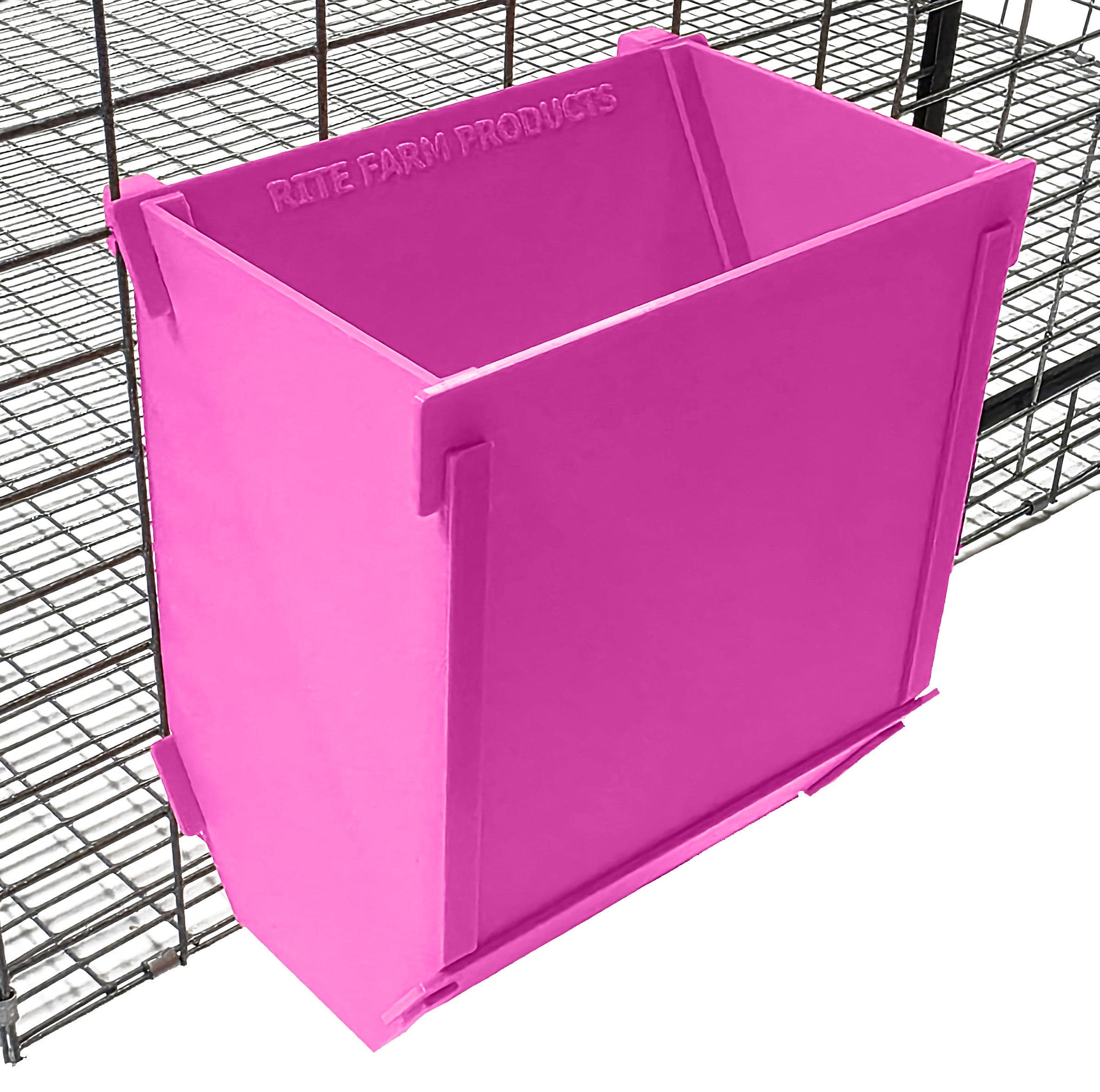 Pink Texas USA Made 6-Inch Cage Hanging Rabbit Feeder with ID Tag for Rabbit Pellet Feed with a Sifter Base