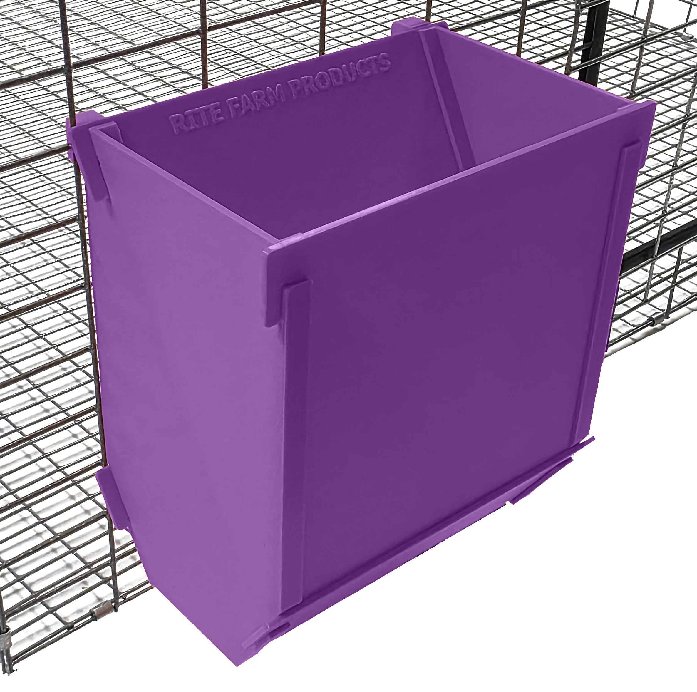 Purple Texas USA Made 6-Inch Cage Hanging Rabbit Feeder with ID Tag for Rabbit Pellet Feed with a Sifter Base