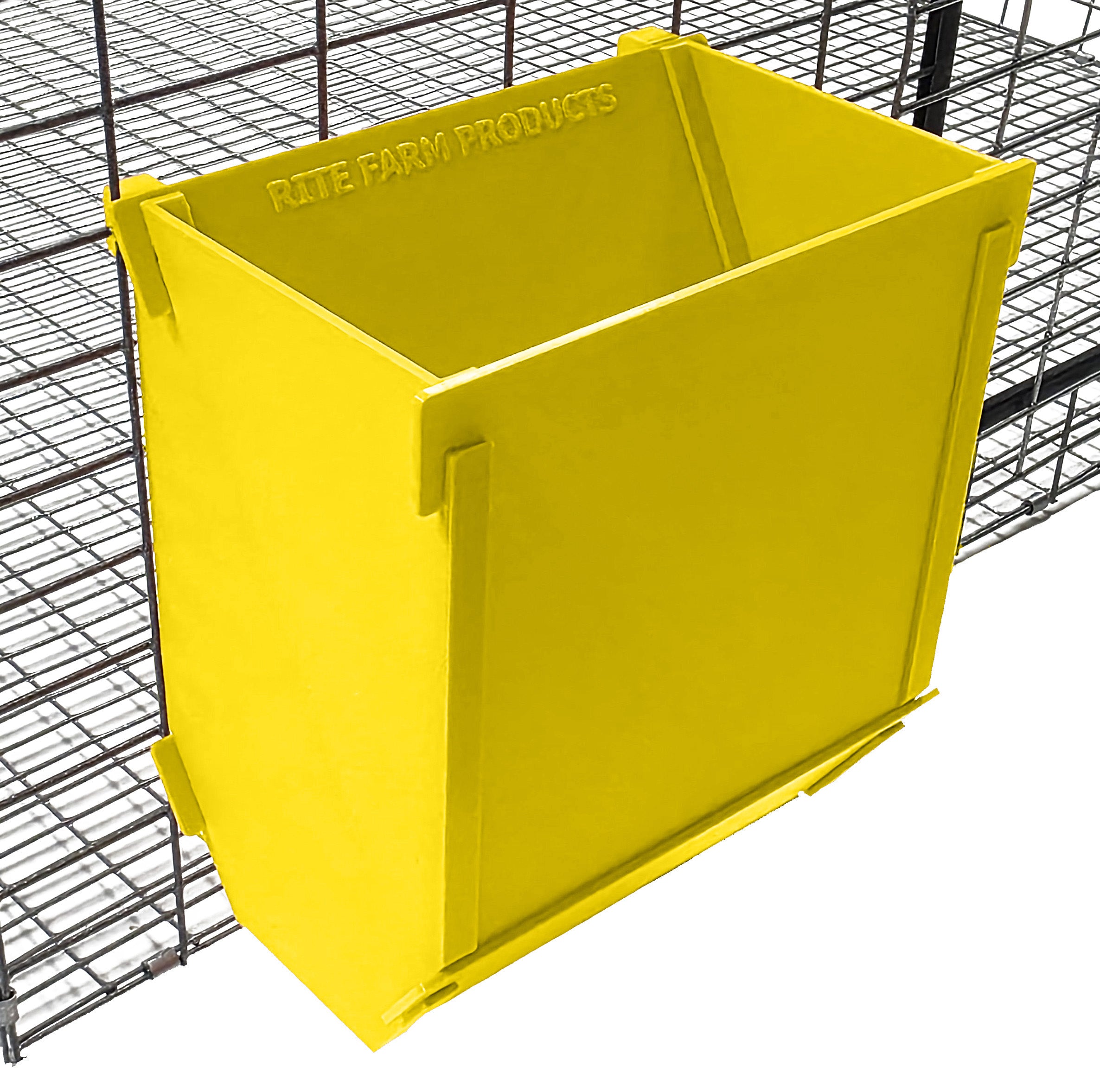 Yellow Texas USA Made 6-Inch Cage Hanging Rabbit Feeder with ID Tag for Rabbit Pellet Feed with a Sifter Base