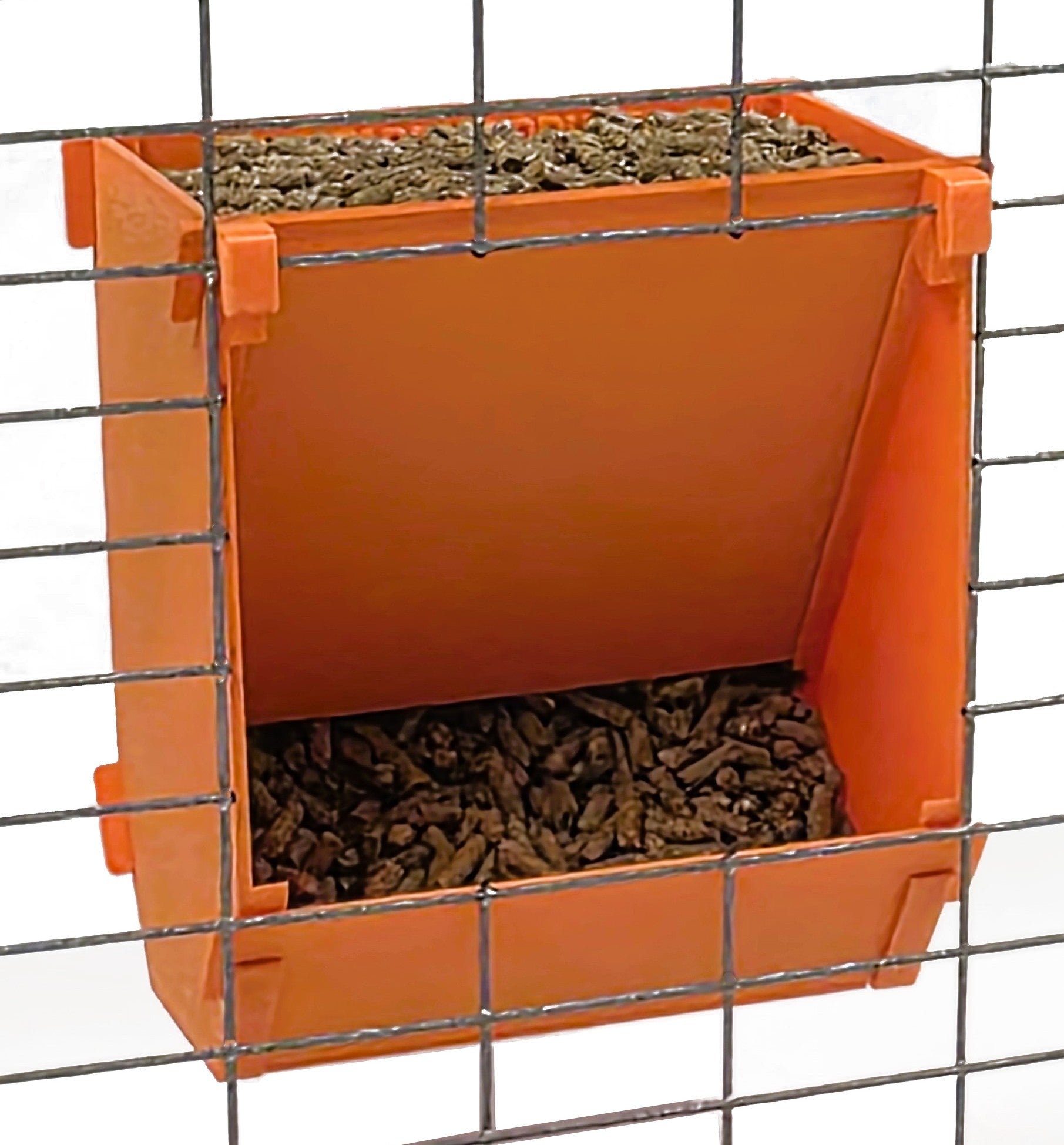 Orange Texas USA Made 6-Inch Cage Hanging Rabbit Feeder with ID Tag for Rabbit Pellet Feed with a Sifter Base