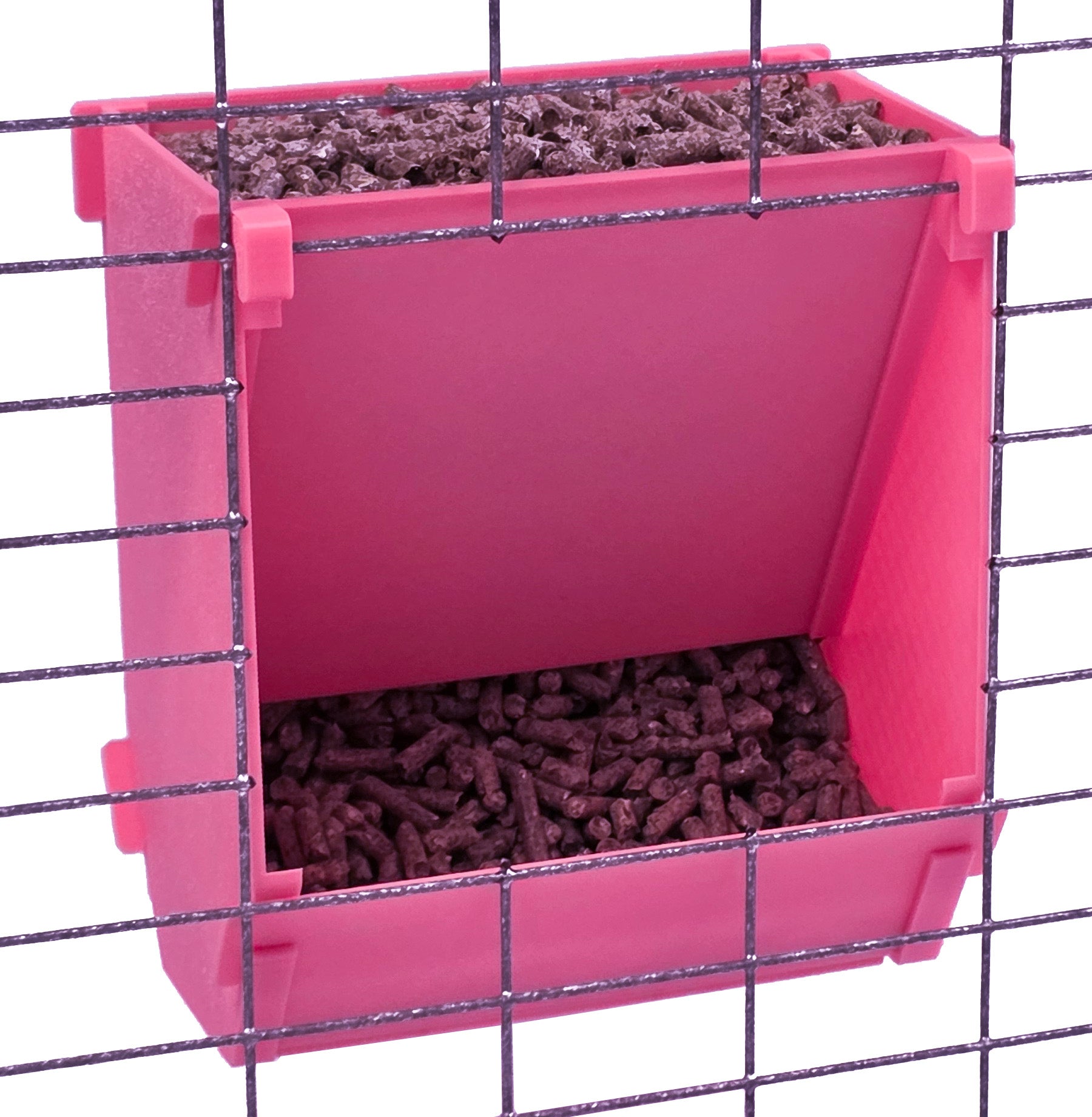 Pink Texas USA Made 6-Inch Cage Hanging Rabbit Feeder with ID Tag for Rabbit Pellet Feed with a Sifter Base