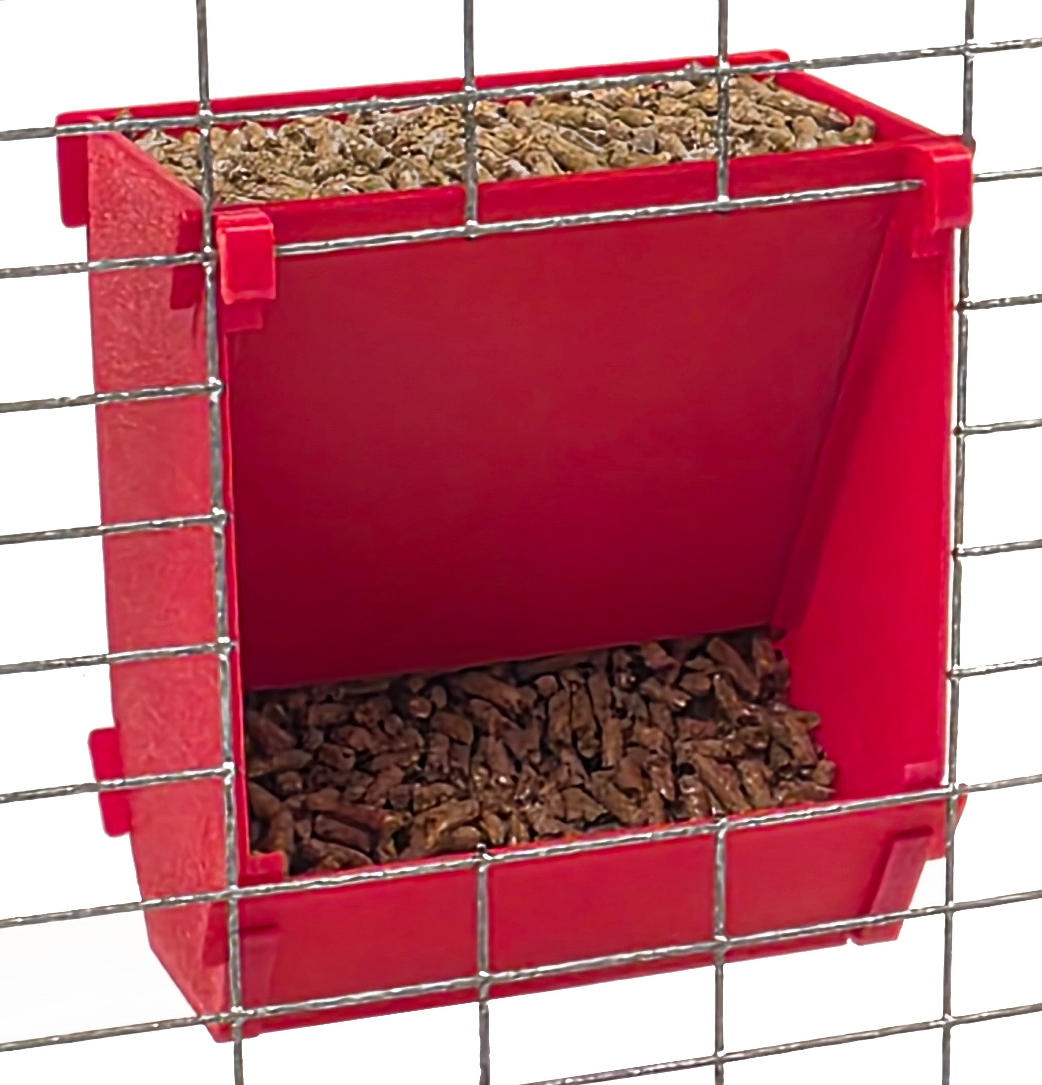 Red Texas USA Made 6-Inch Cage Hanging Rabbit Feeder with ID Tag for Rabbit Pellet Feed with a Sifter Base
