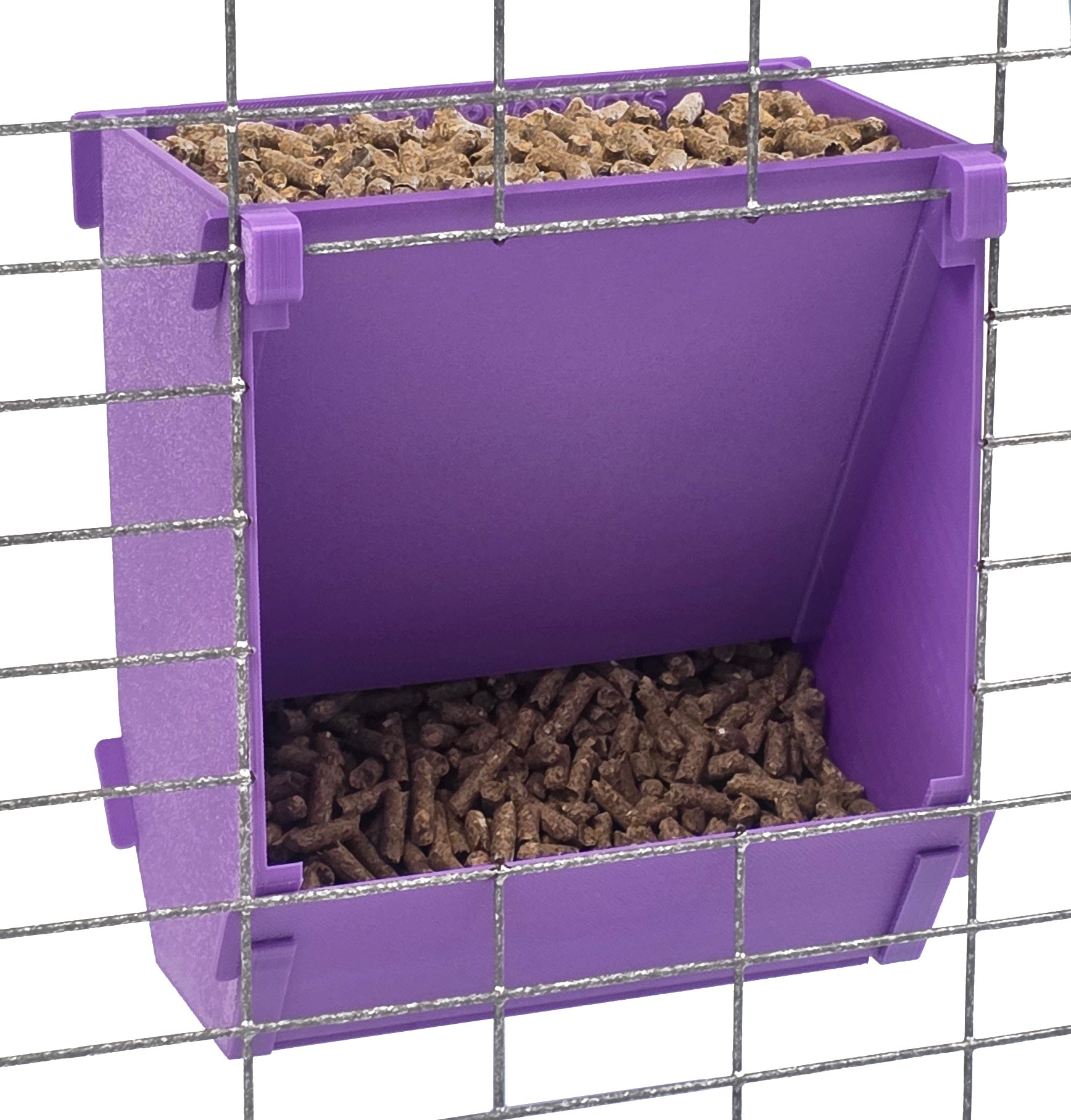 Purple Texas USA Made 6-Inch Cage Hanging Rabbit Feeder with ID Tag for Rabbit Pellet Feed with a Sifter Base