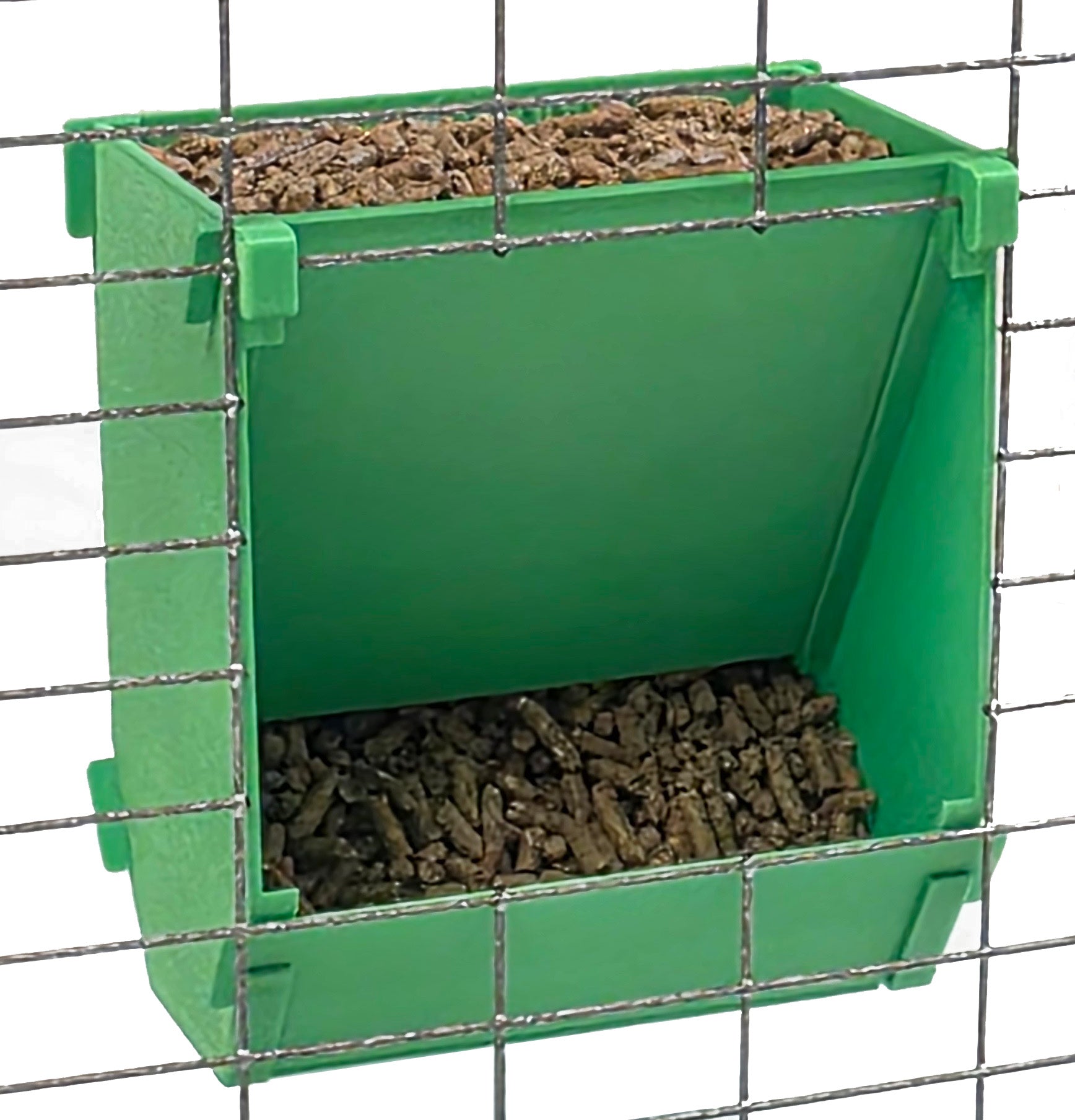 Green Texas USA Made 6-Inch Cage Hanging Rabbit Feeder with ID Tag for Rabbit Pellet Feed with a Sifter Base