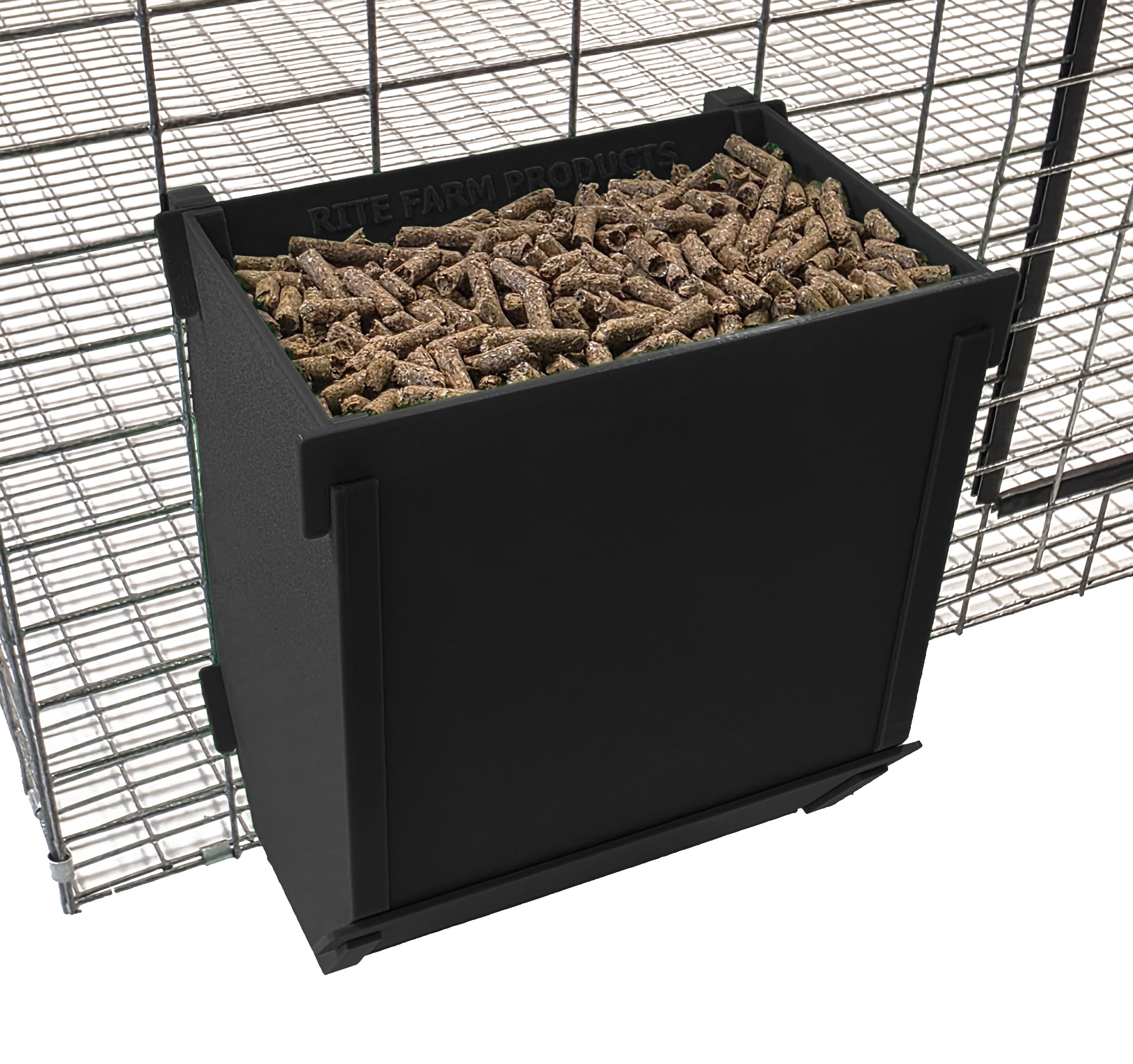 Black Texas USA Made 6-Inch Cage Hanging Rabbit Feeder with ID Tag for Rabbit Pellet Feed with a Sifter Base