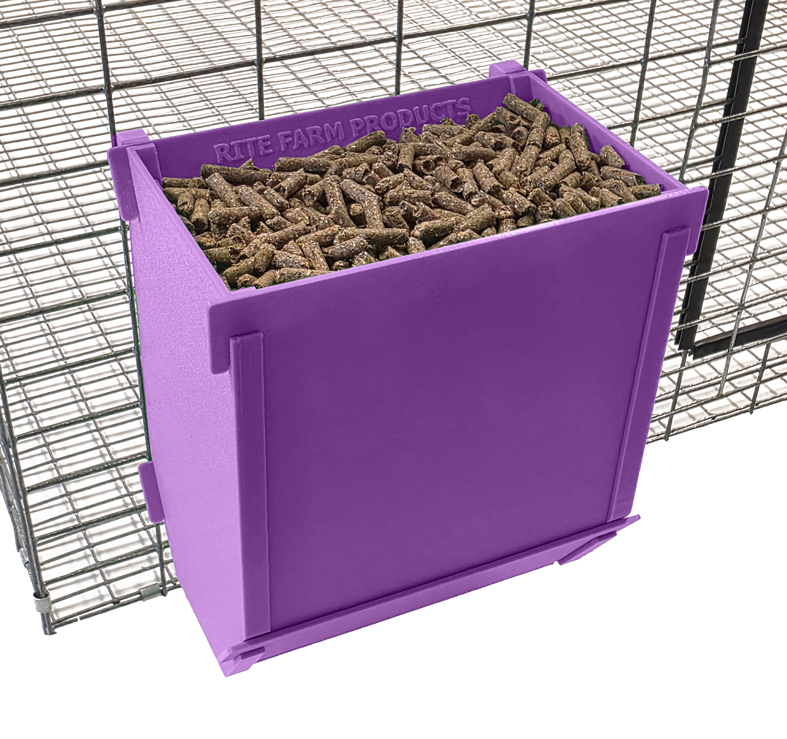 Purple Texas USA Made 6-Inch Cage Hanging Rabbit Feeder with ID Tag for Rabbit Pellet Feed with a Sifter Base
