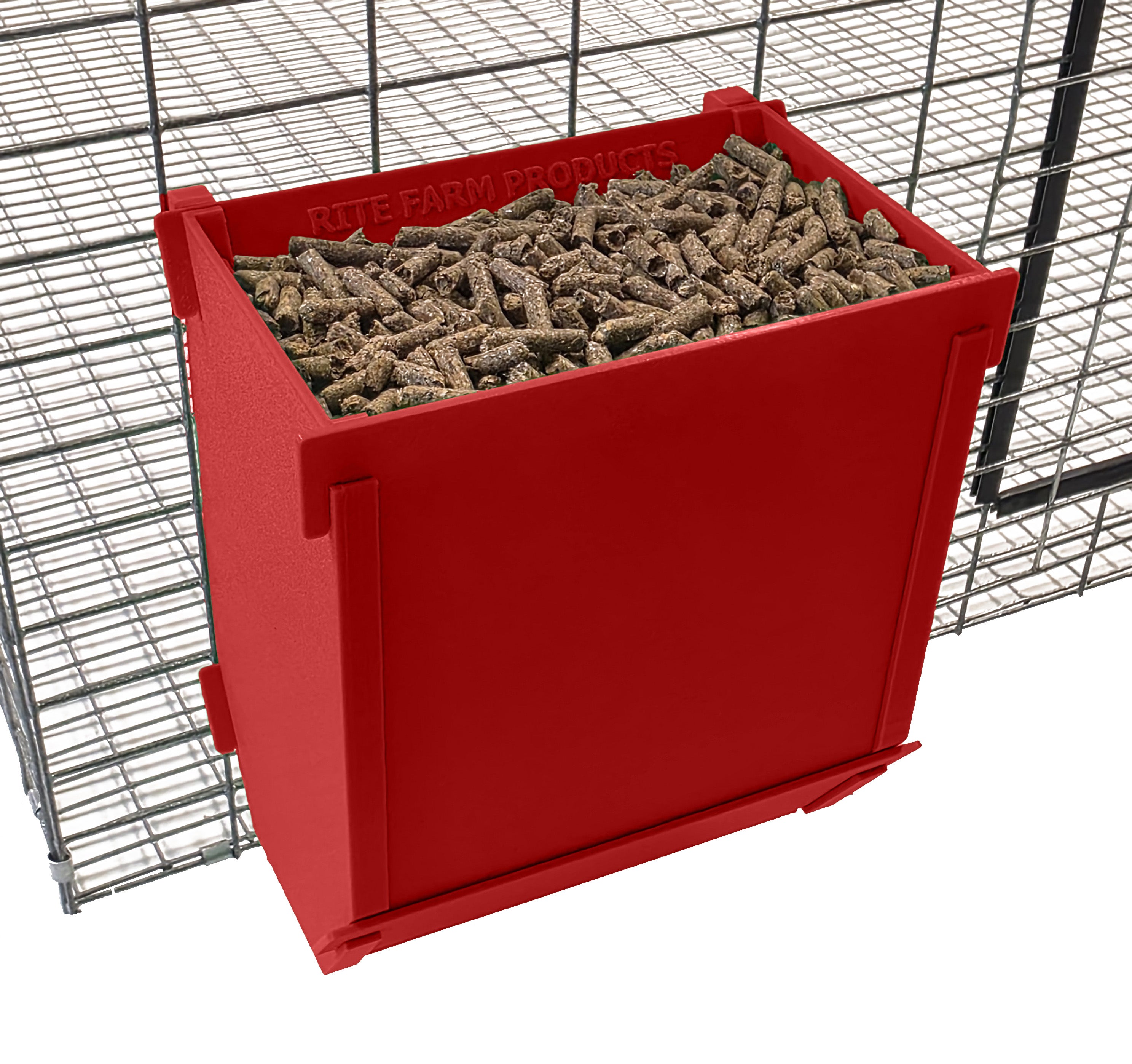 Red Texas USA Made 6-Inch Cage Hanging Rabbit Feeder with ID Tag for Rabbit Pellet Feed with a Sifter Base