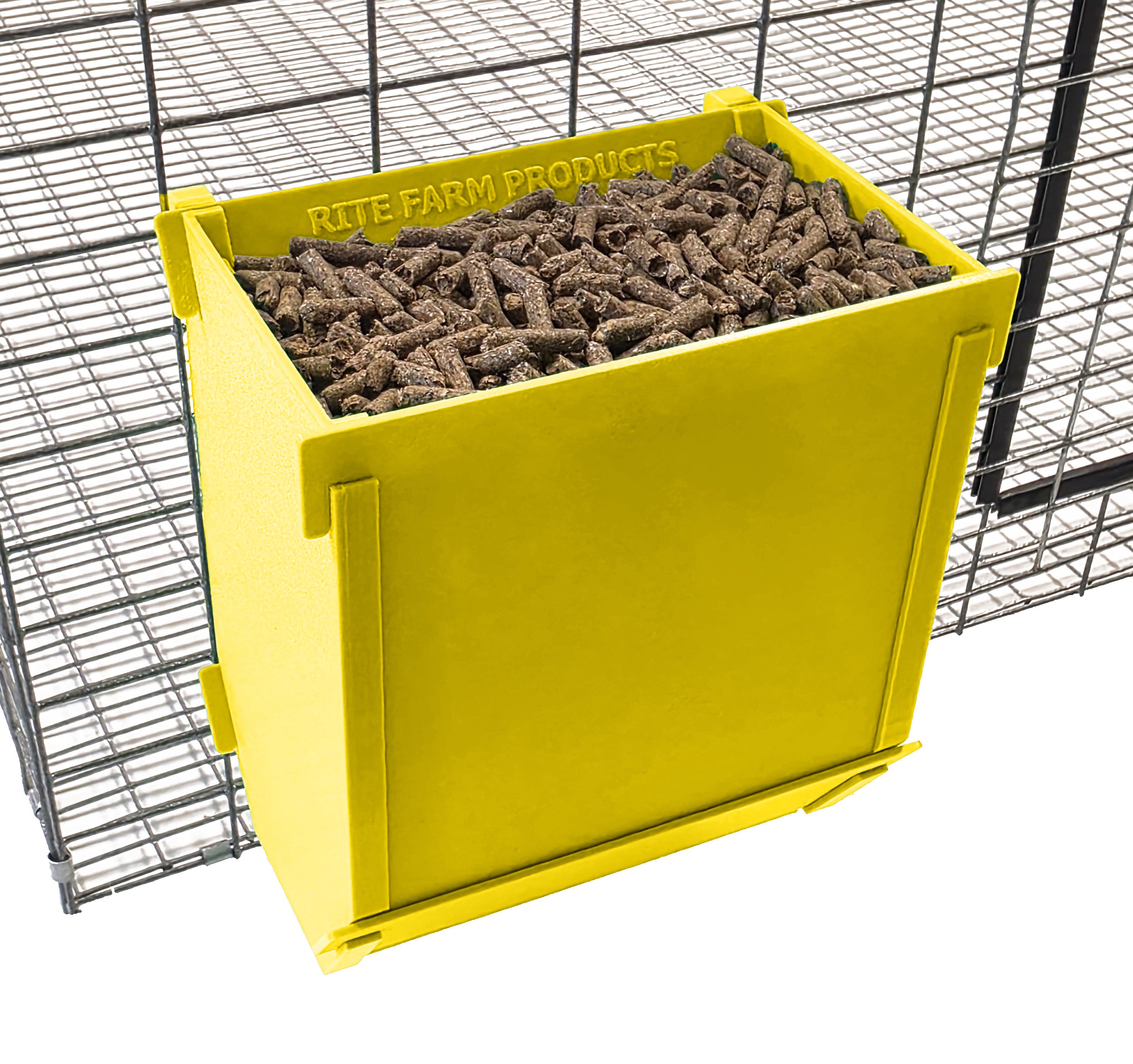 Yellow Texas USA Made 6-Inch Cage Hanging Rabbit Feeder with ID Tag for Rabbit Pellet Feed with a Sifter Base