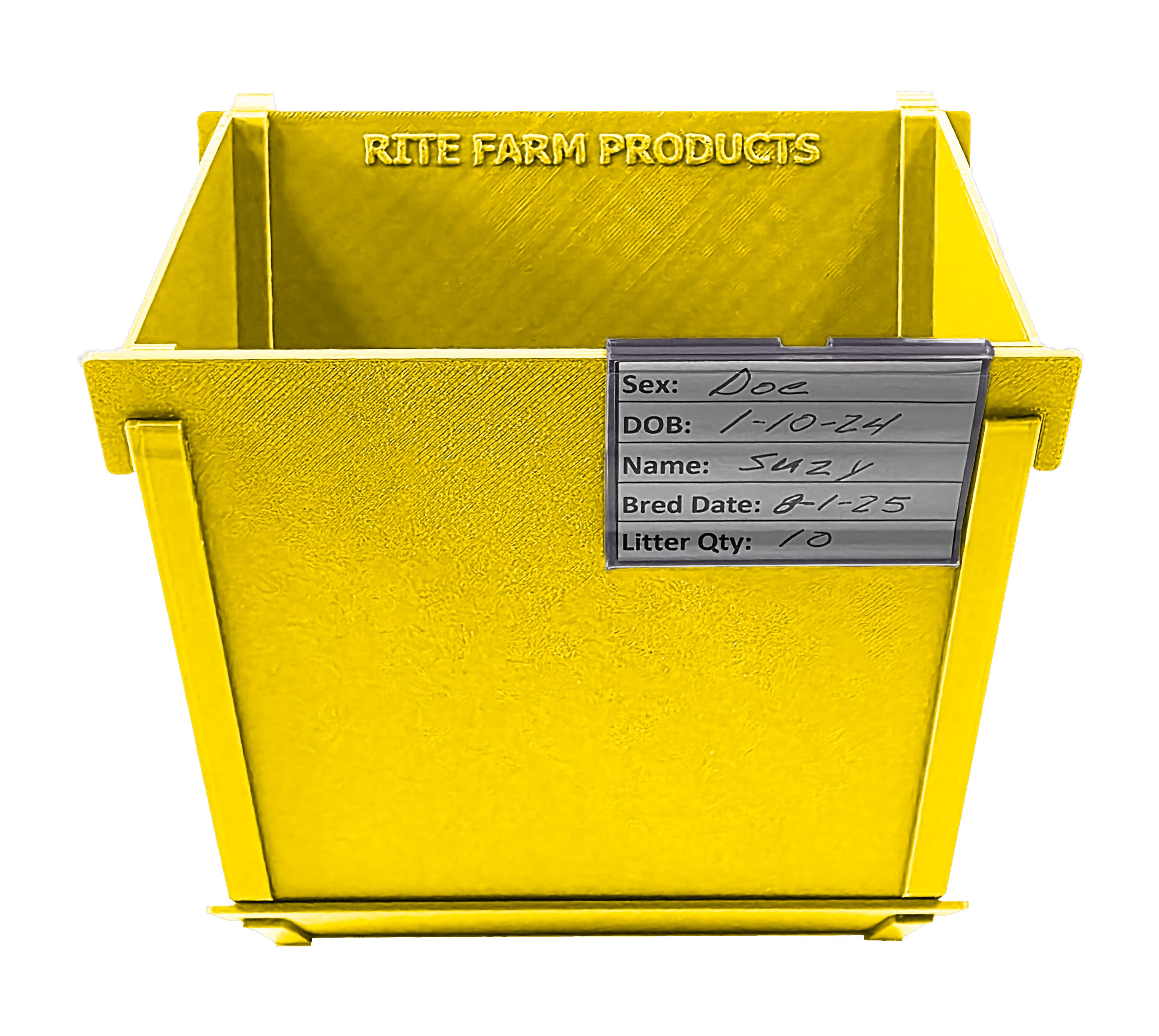 Yellow Texas USA Made 6-Inch Cage Hanging Rabbit Feeder with ID Tag for Rabbit Pellet Feed with a Sifter Base