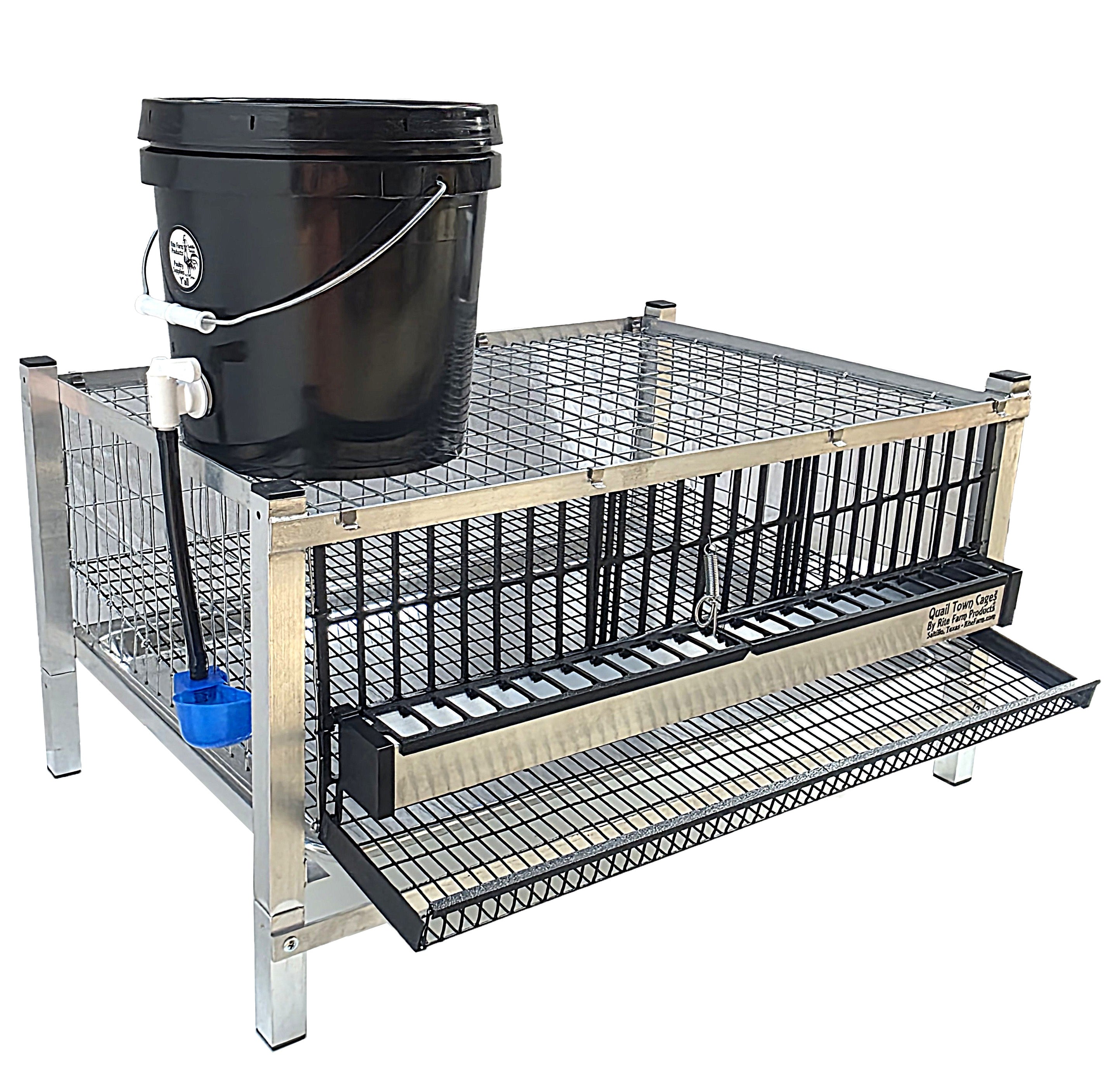 Quail layer cage with feeder bucket, side drinker, and wire mesh floor trays