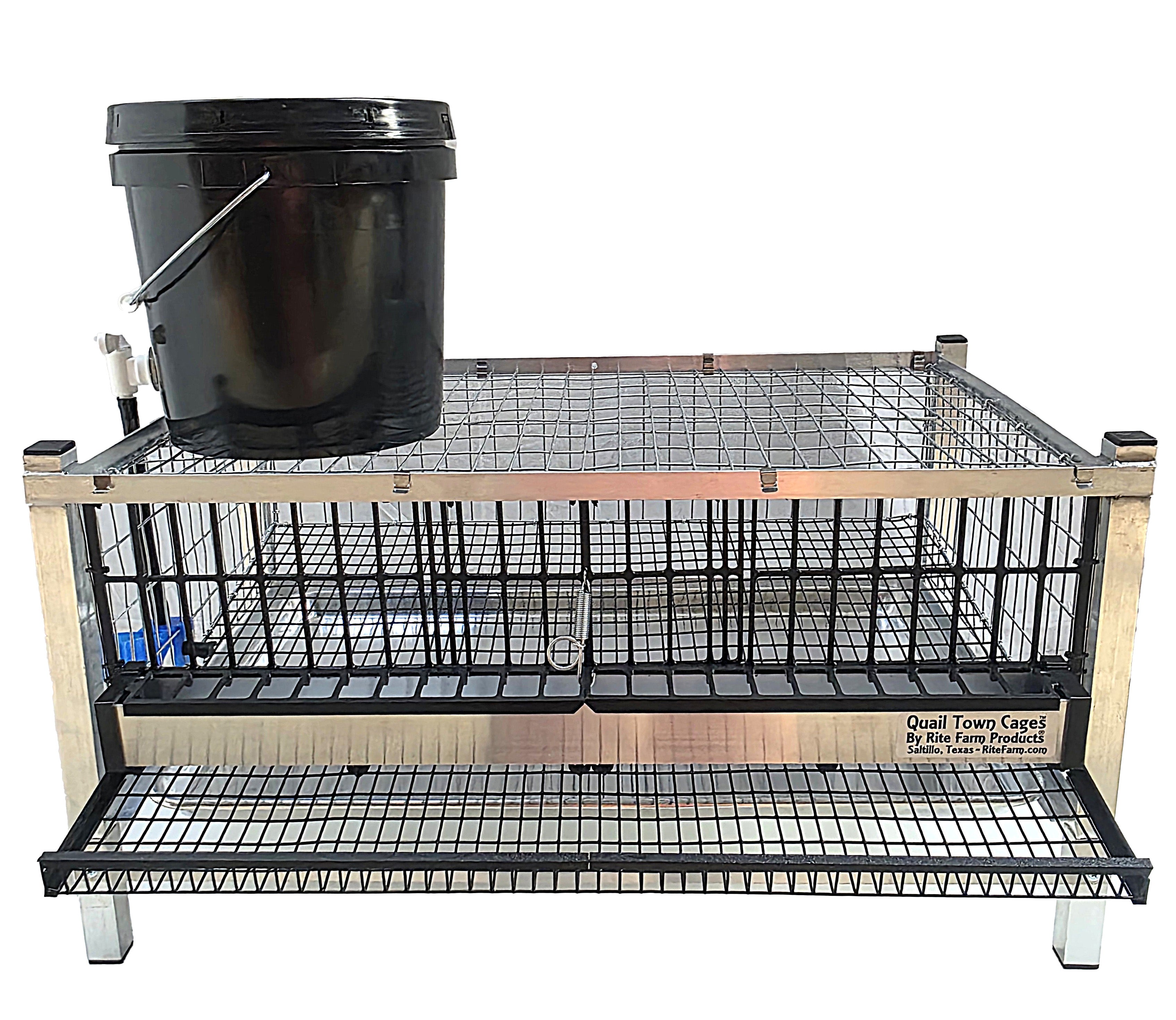 Quail layer cage with black feeder bucket, wire mesh panels, and lower rollout tray