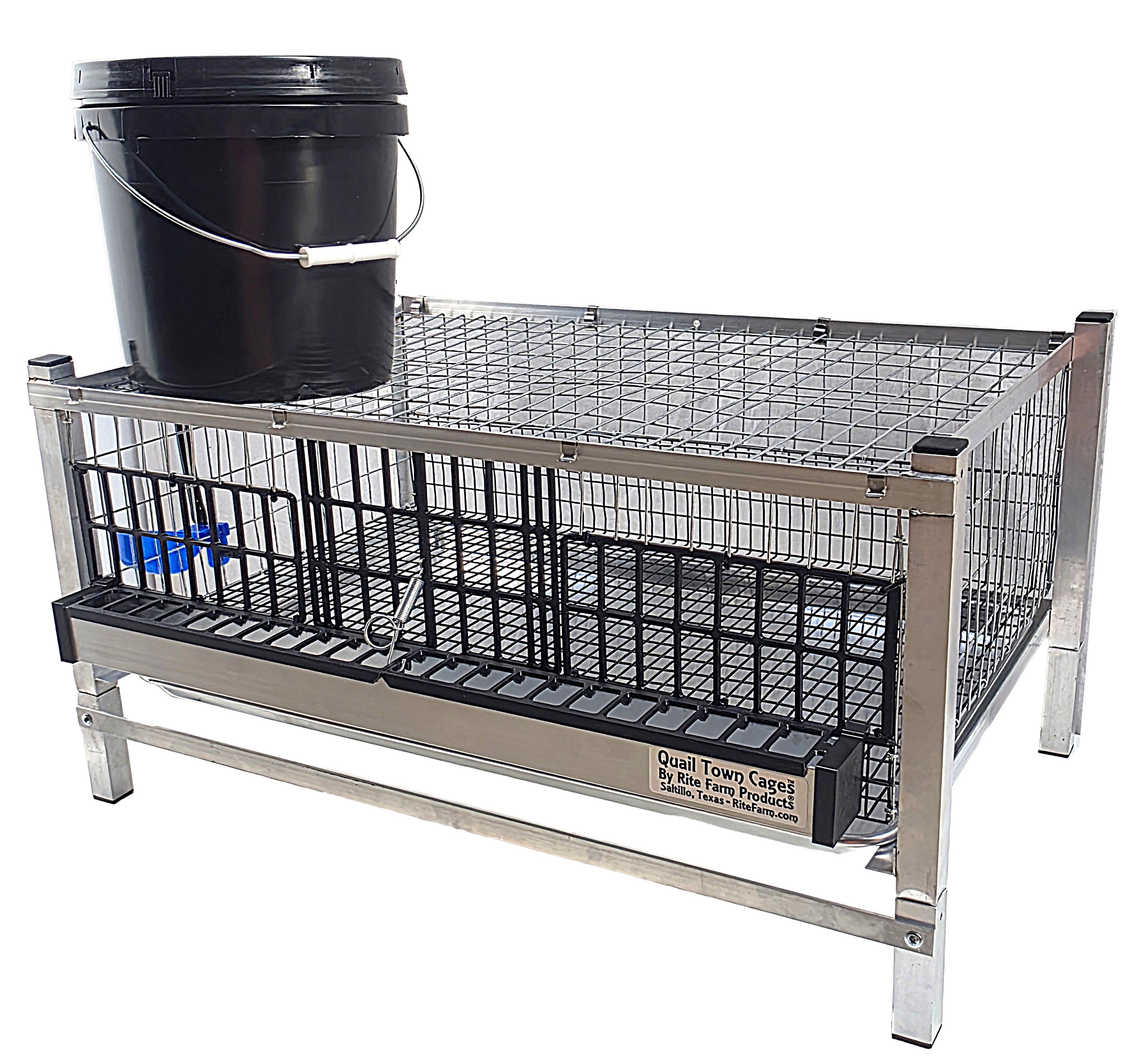 Quail grow-out cage with black feed bucket, wire mesh sides, and black front bars