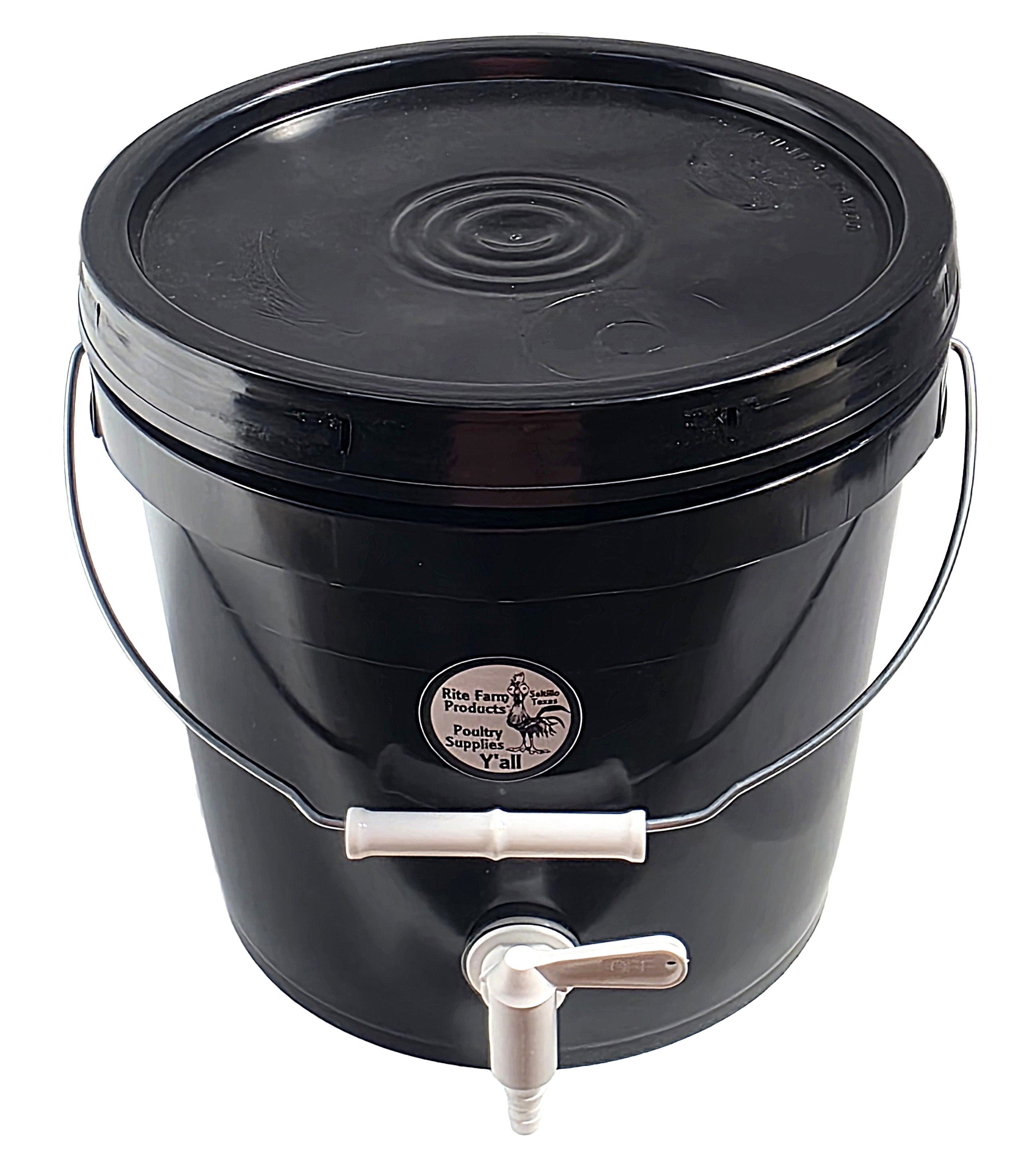 Black plastic water reservoir bucket with spigot and handle for quail cage systems