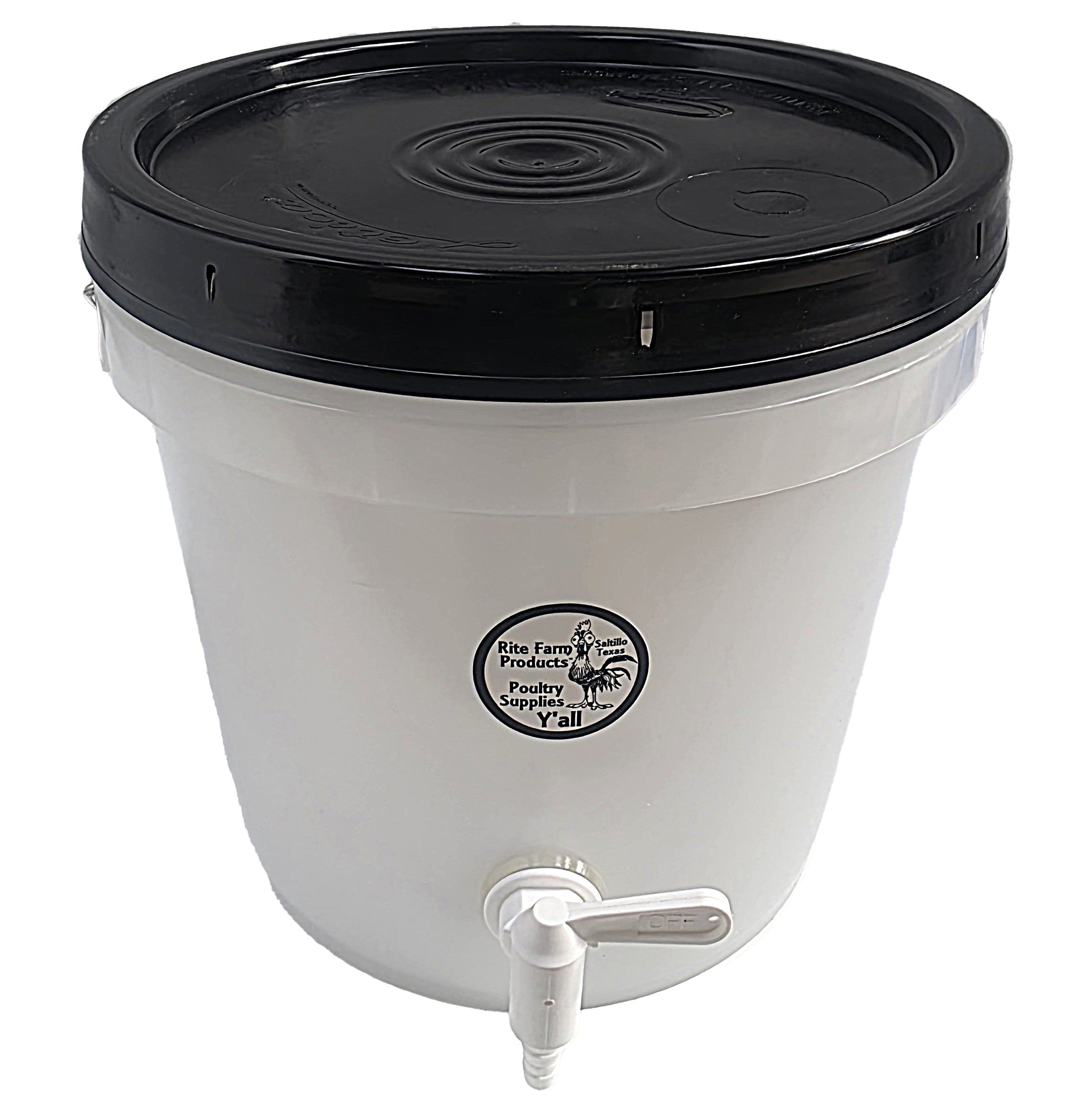 White plastic water reservoir bucket with black lid and front spigot tap
