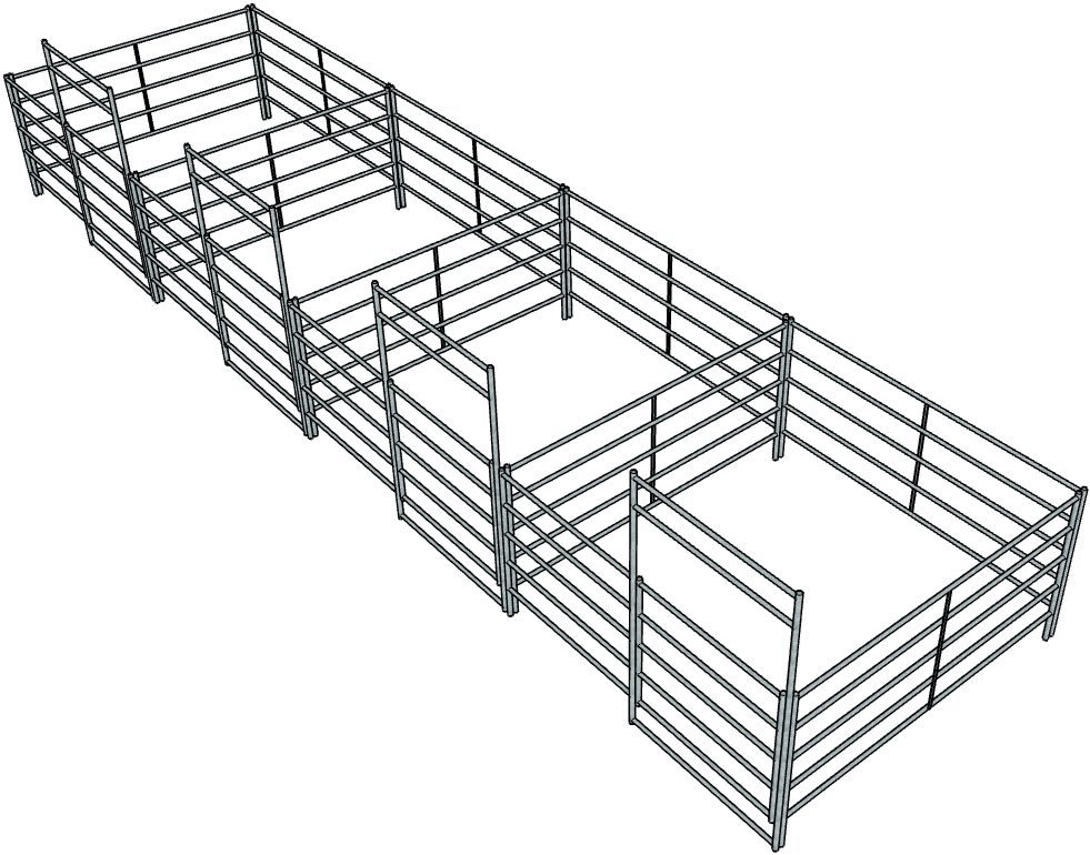4 Side by Side Galvanized 10 Ft X 10 Ft 5-Rail Stall Kits